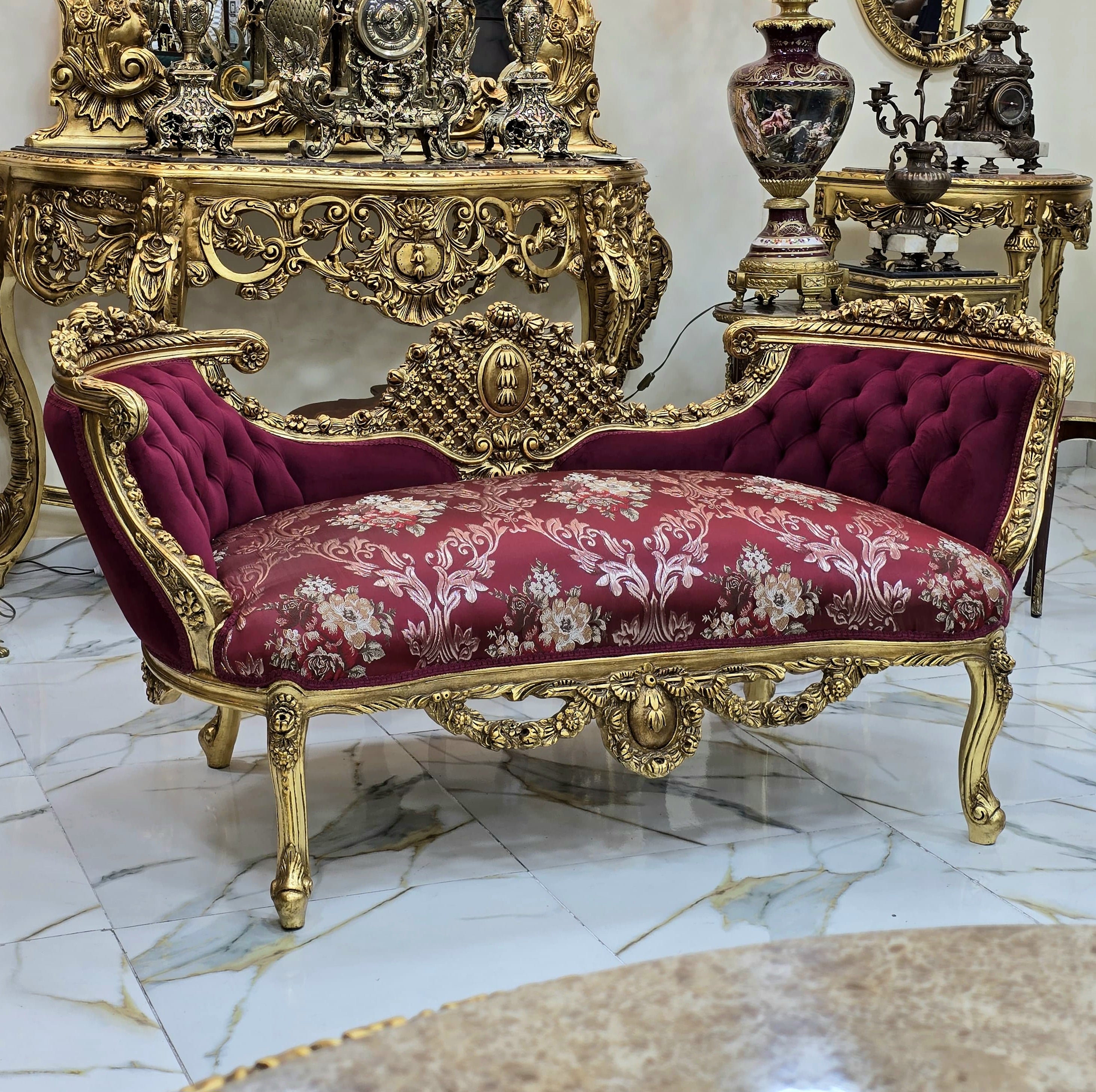 Vintage French Style Tufted Settee – Ruby Red Damask Sofa with Gold Leaf Details