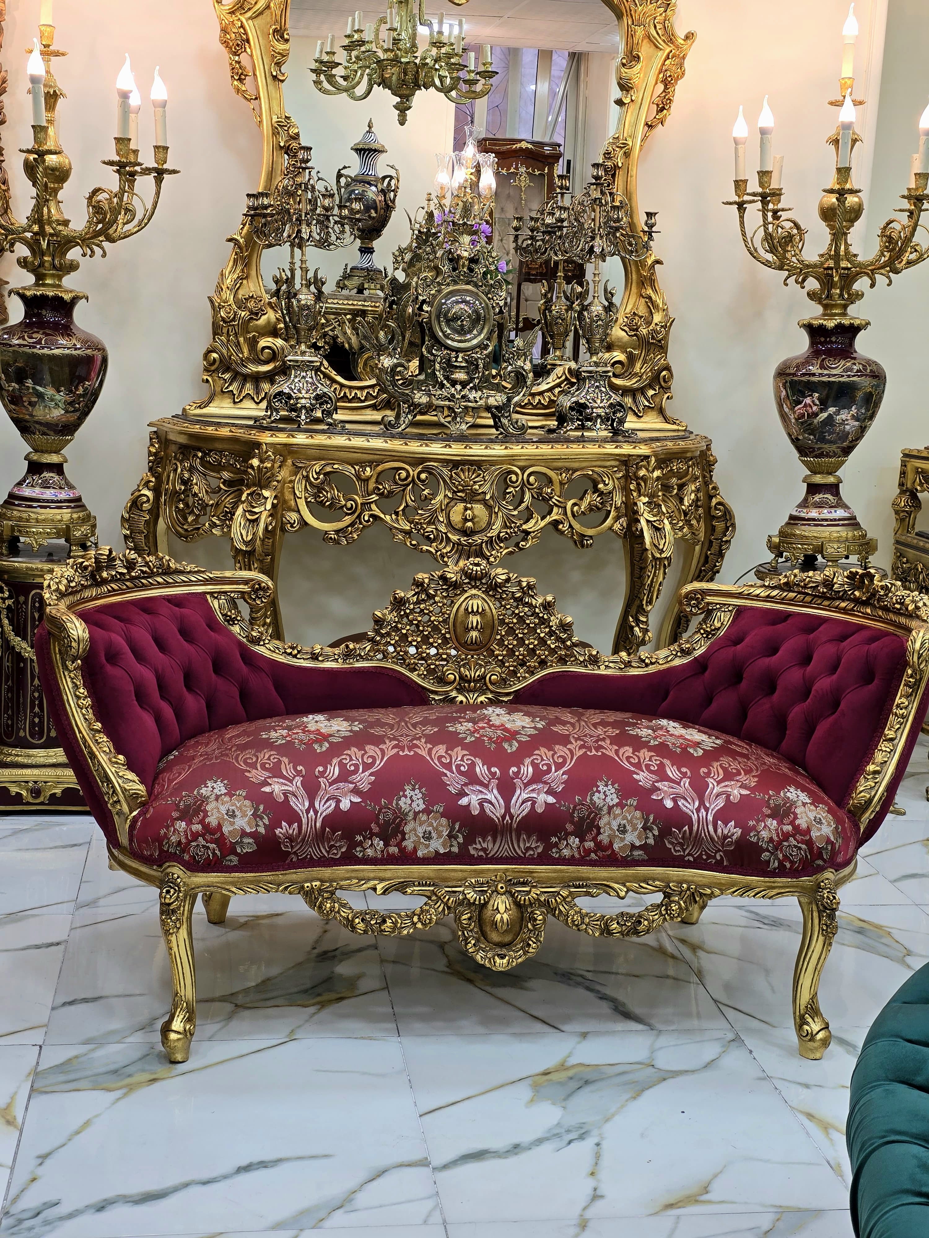 Vintage French Style Tufted Settee – Ruby Red Damask Sofa with Gold Leaf Details