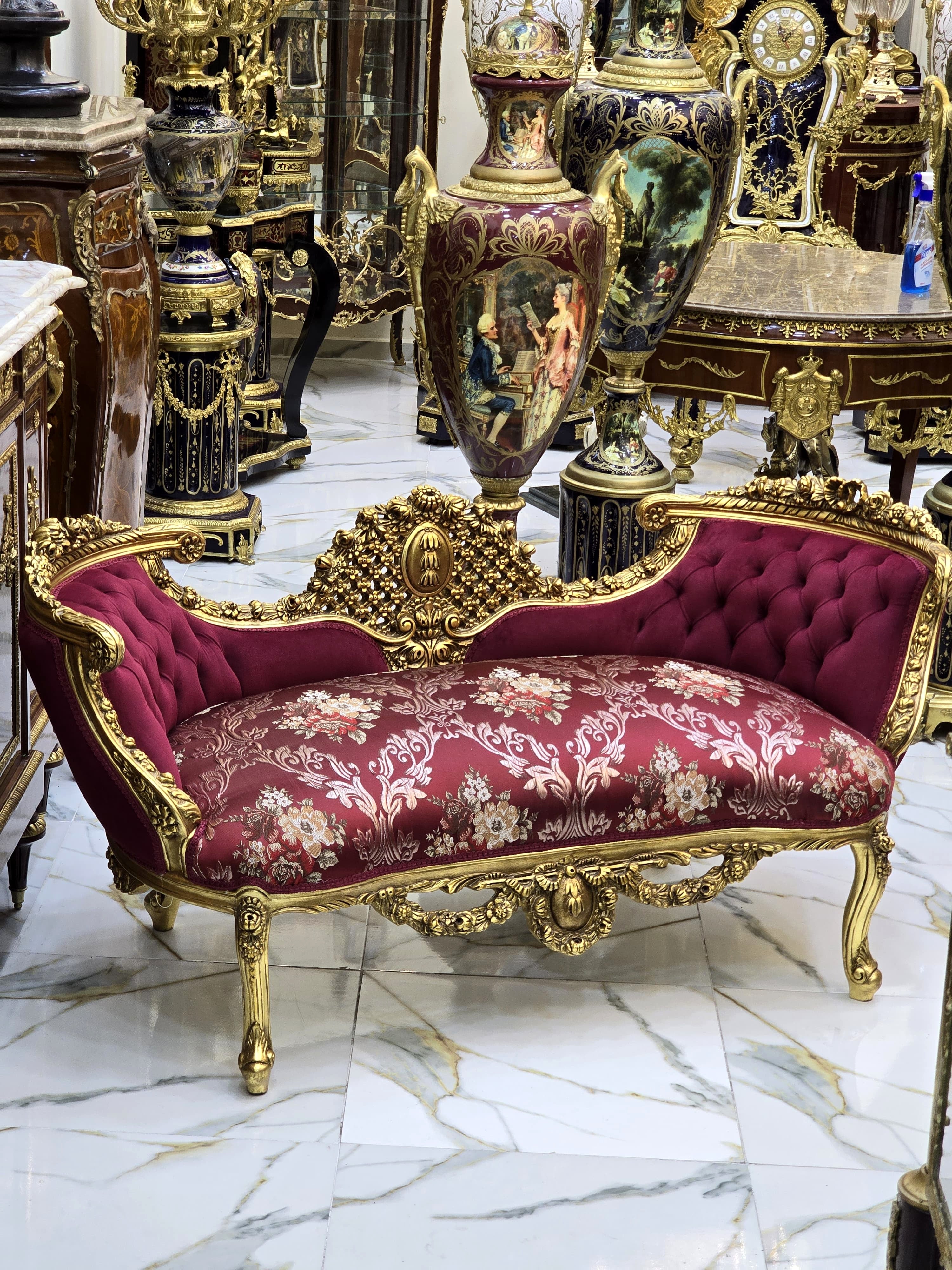Vintage French Style Tufted Settee – Ruby Red Damask Sofa with Gold Leaf Details