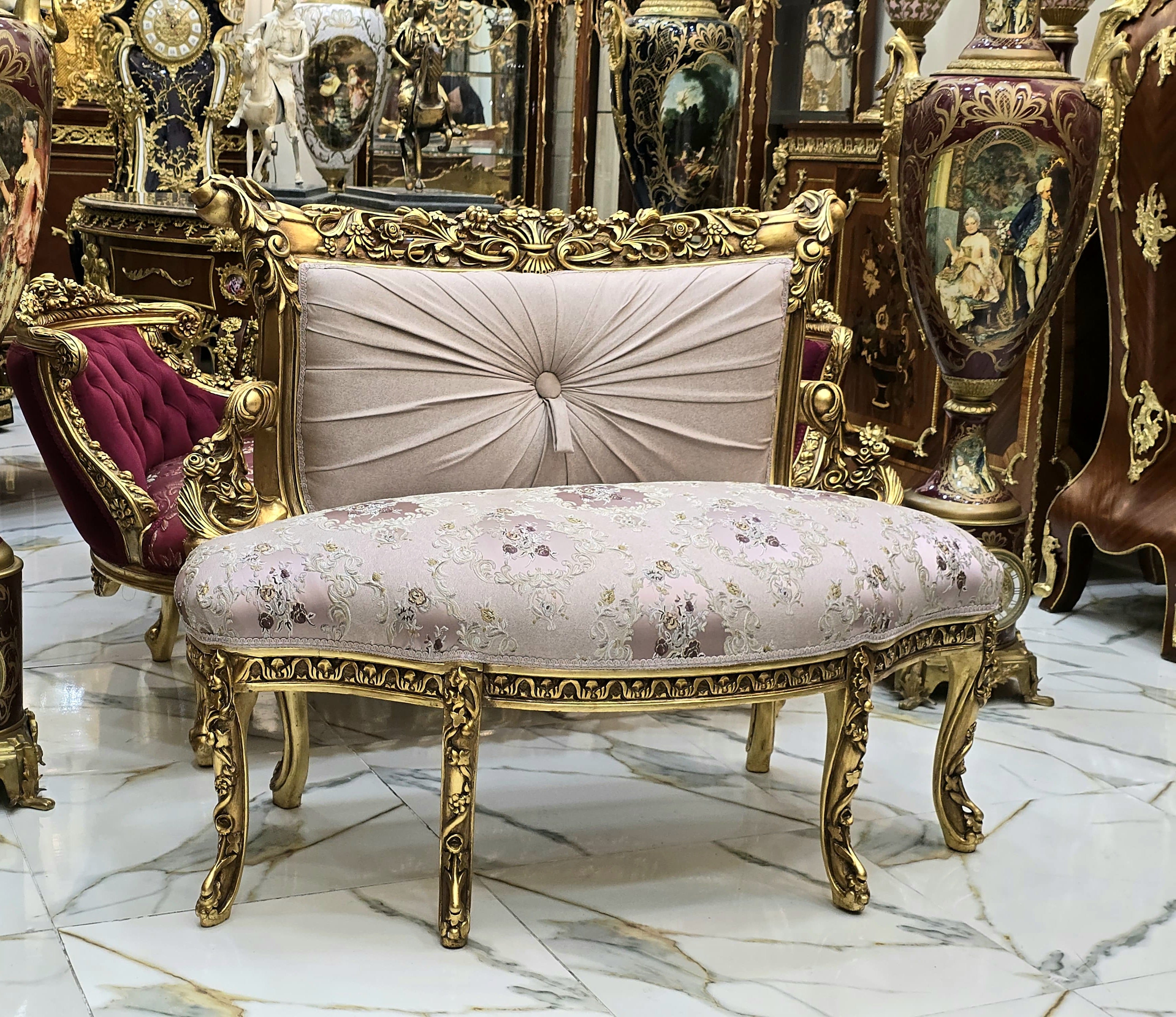 Vintage French Style Settee – Light Pink Damask Sofa with Gold Leaf Details