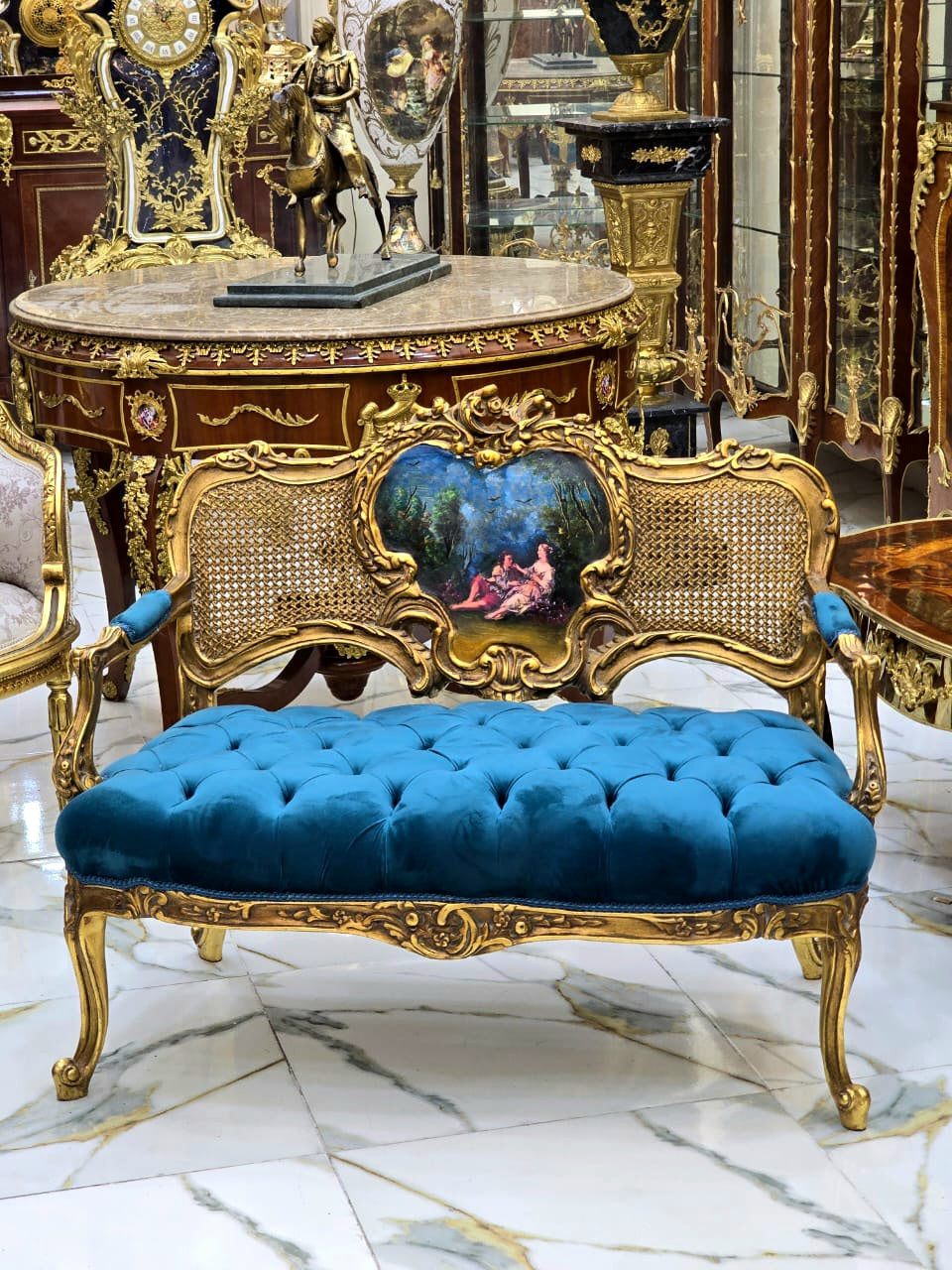 1990s French Louis XV Style Green Tufted Velvet Sofa with Gold Leaf Frame