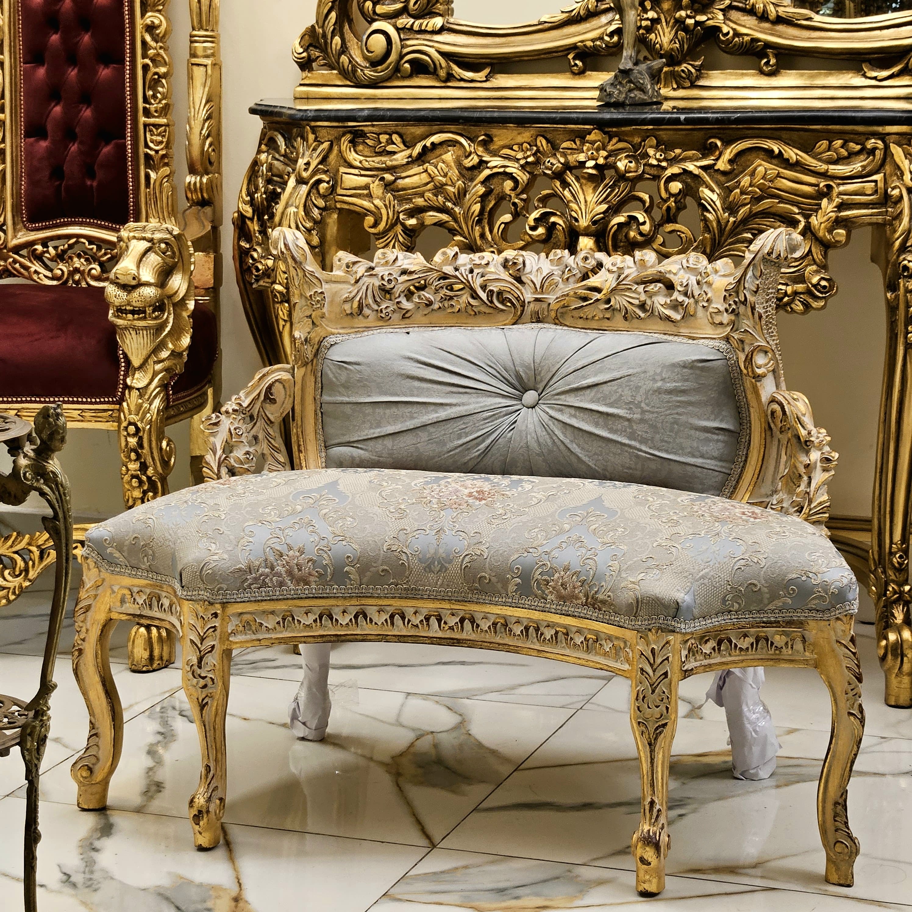 Vintage French Style Settee – Light Blue Damask Sofa with Gold Leaf Details