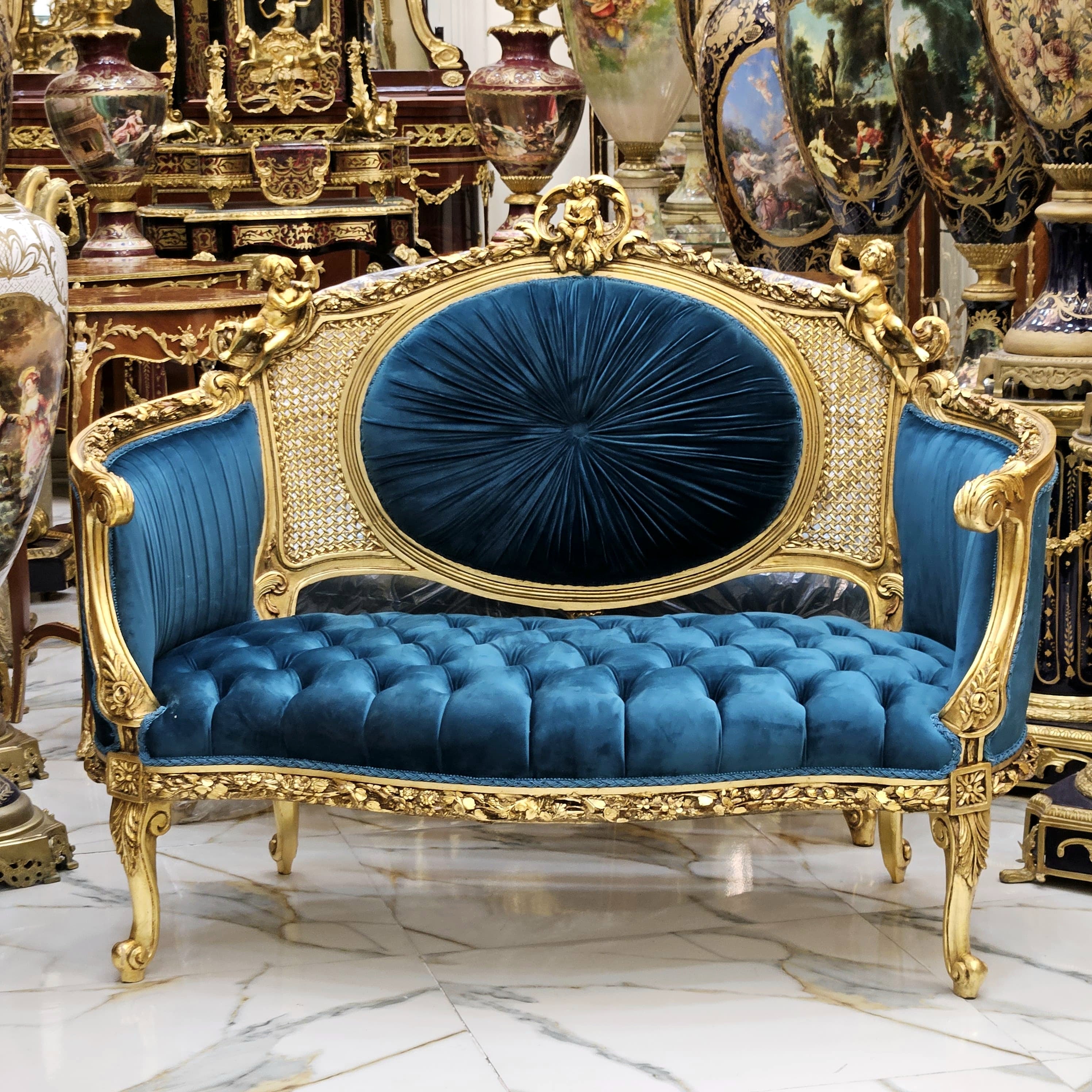 Baroque Style Green Tufted Velvet Sofa with Gold Leaf Frame – French Rococo Design