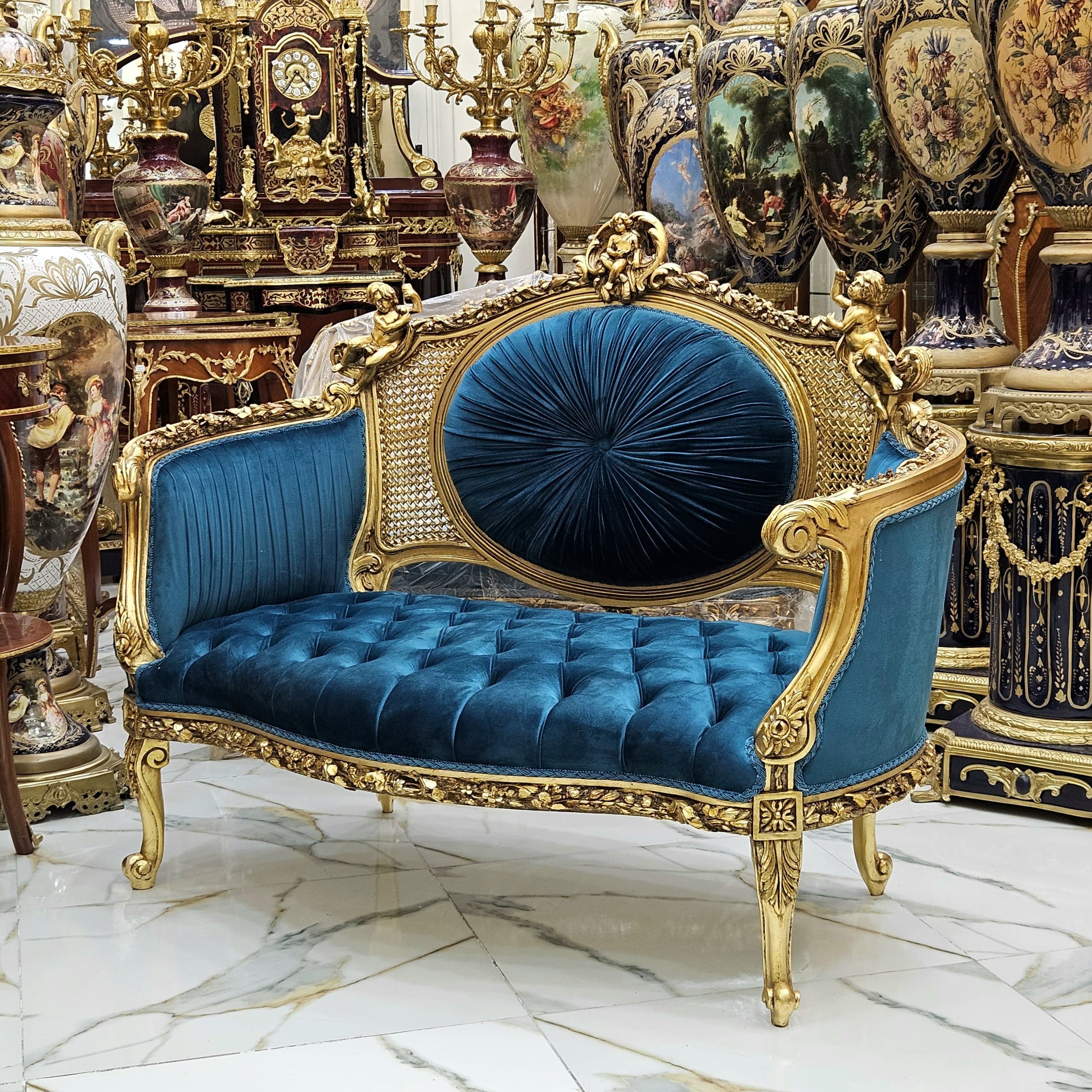 Baroque Style Green Tufted Velvet Sofa with Gold Leaf Frame – French Rococo Design