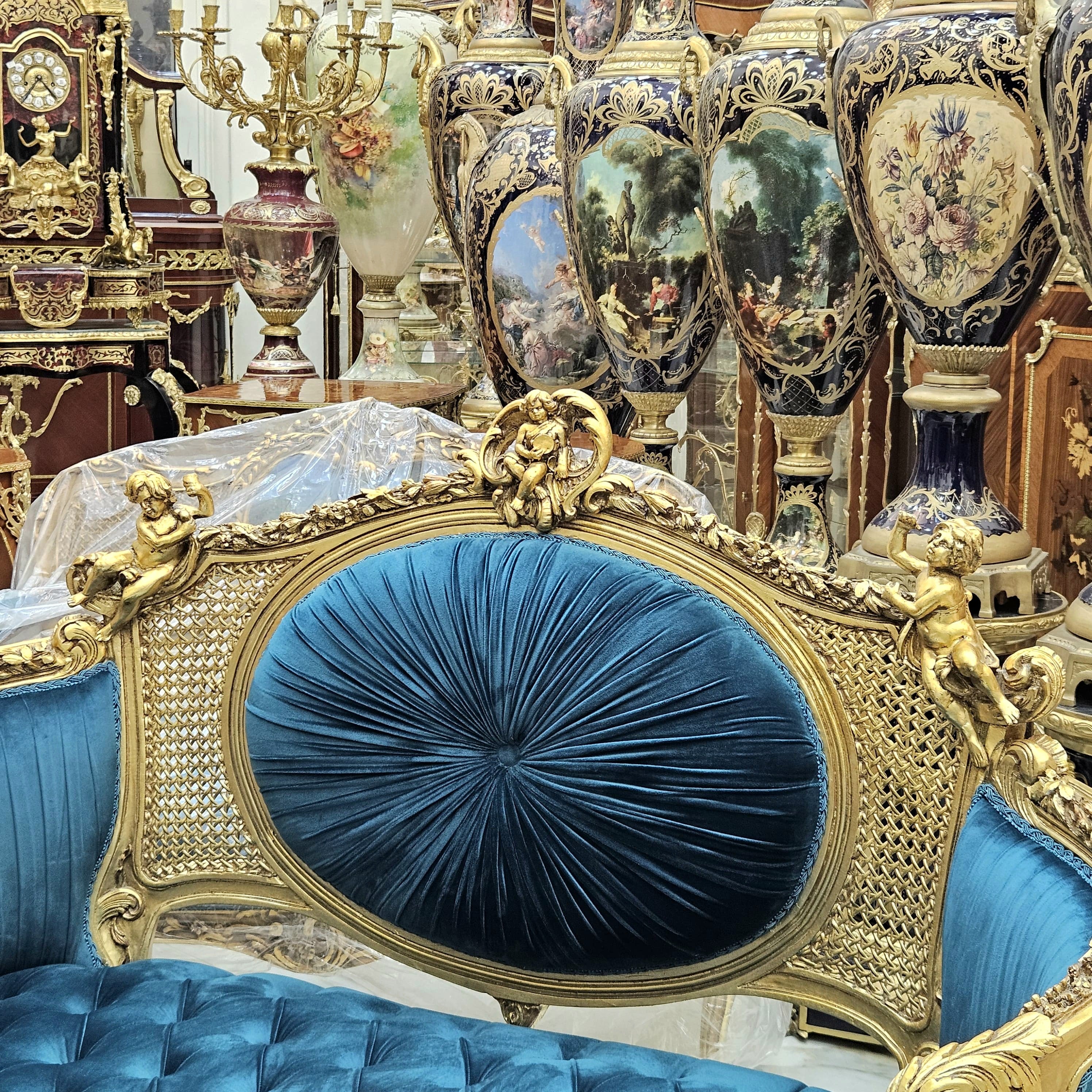 Baroque Style Green Tufted Velvet Sofa with Gold Leaf Frame – French Rococo Design