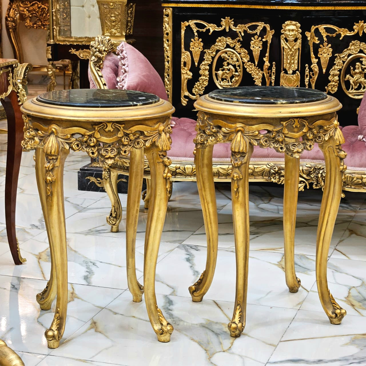 Italian Style Side Table – Black Marble Top with Gold Accents, Elegant Design