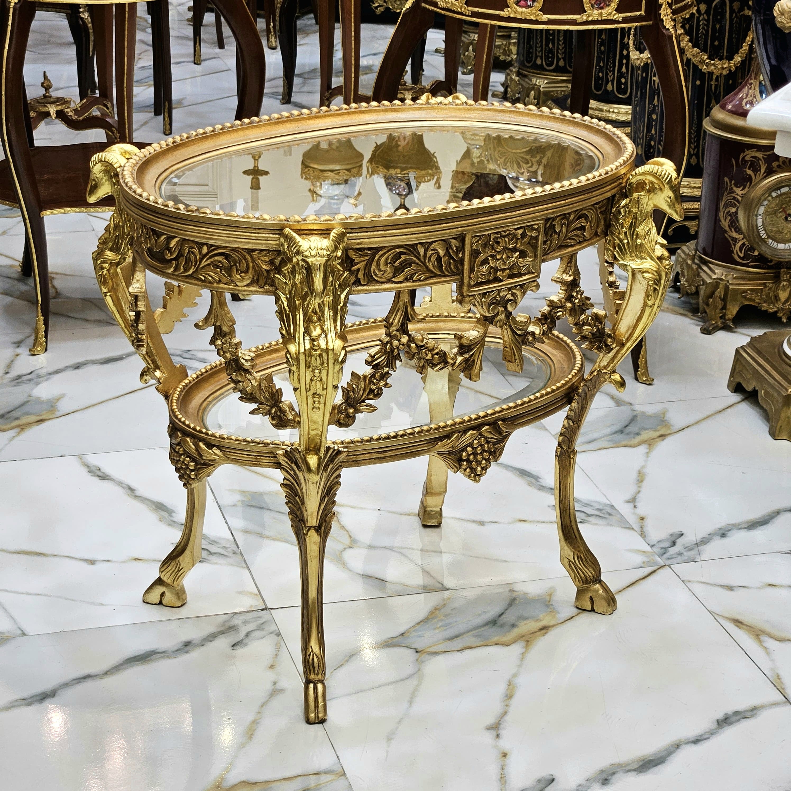 French Style Glass Topped Coffee Table – Gold Leaf Details