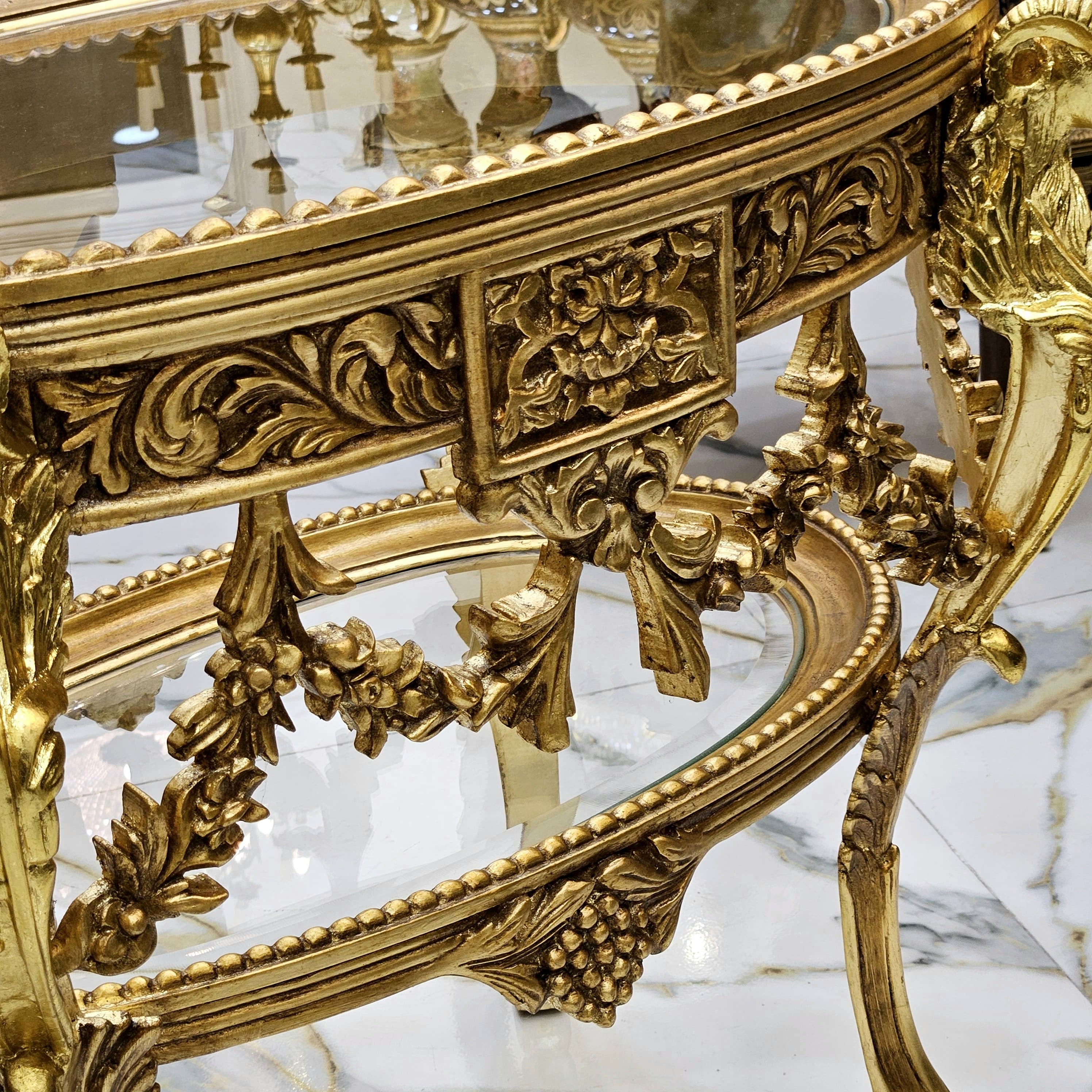 French Style Glass Topped Coffee Table – Gold Leaf Details