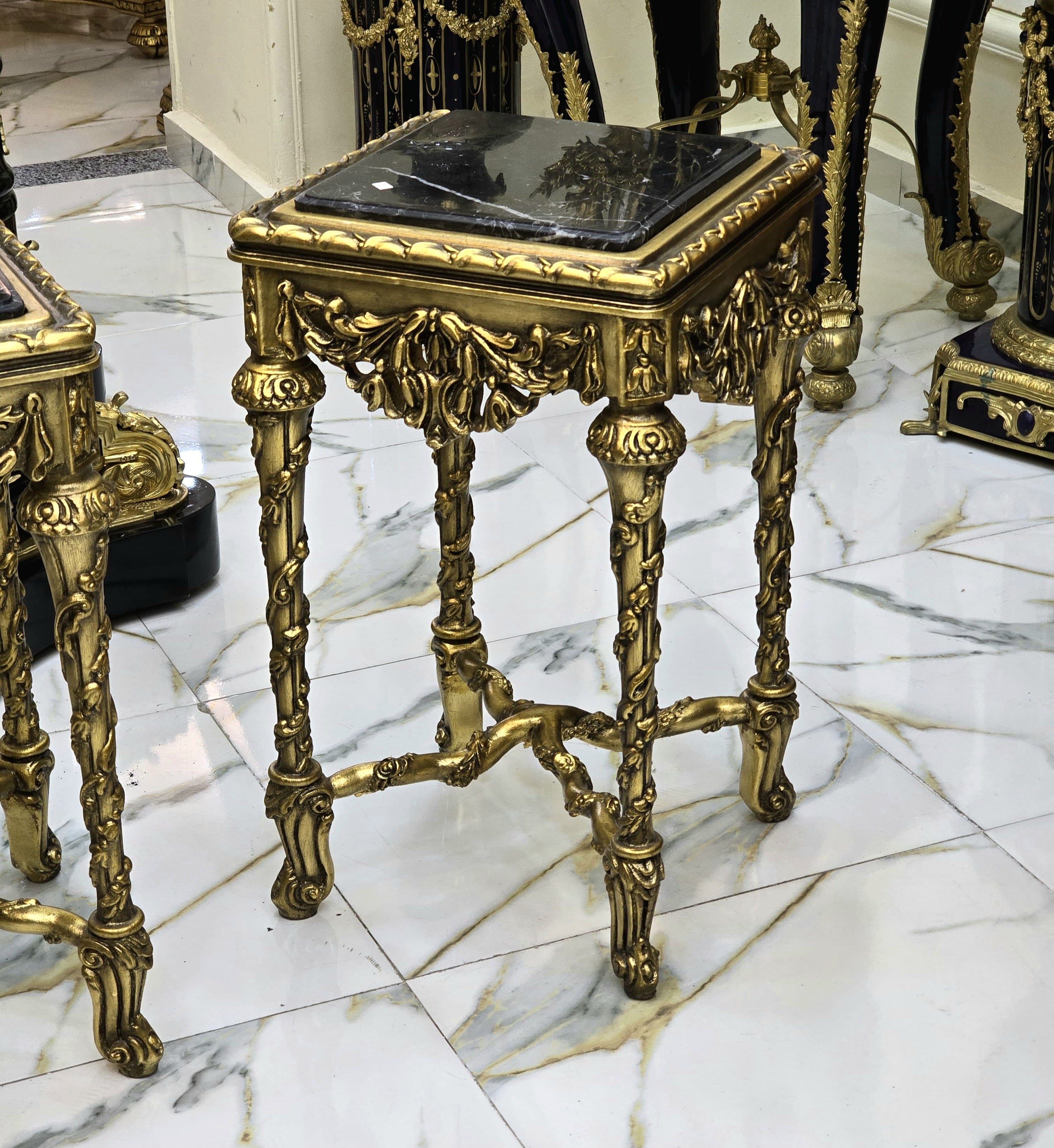 French Style Black Marble Topped Side Table – Gold Accents, Elegant Design