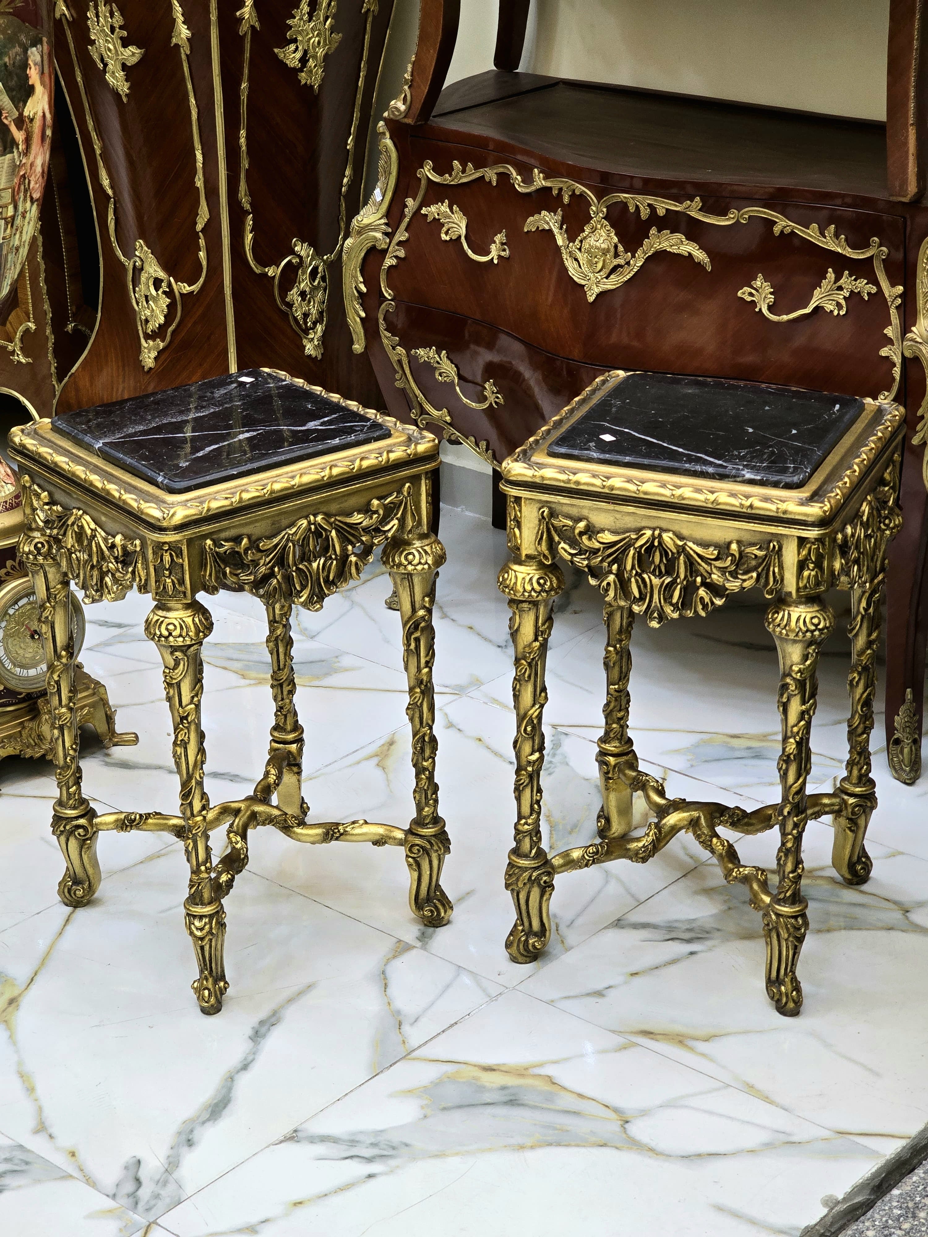 French Style Black Marble Topped Side Table – Gold Accents, Elegant Design