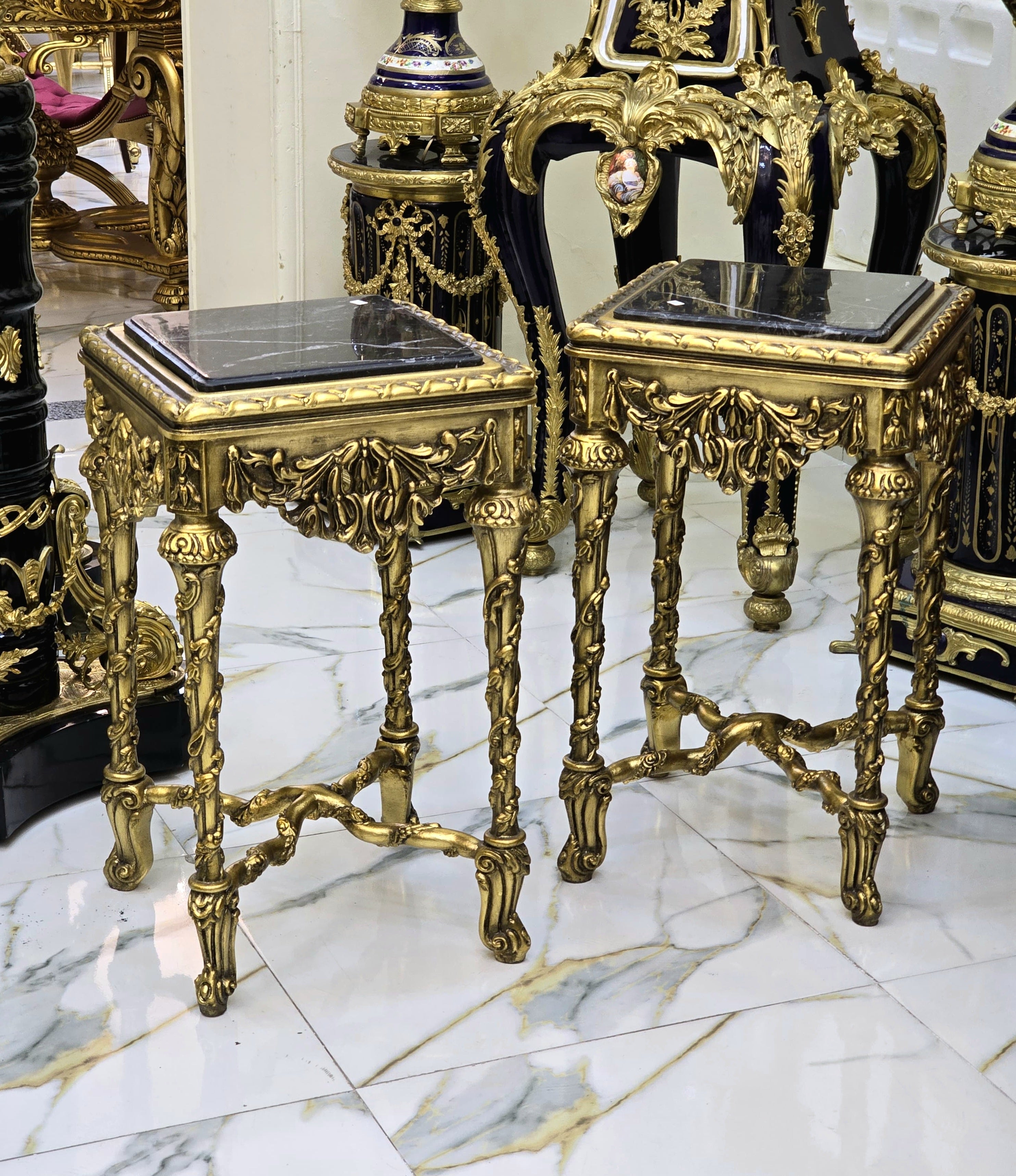 French Style Black Marble Topped Side Table – Gold Accents, Elegant Design