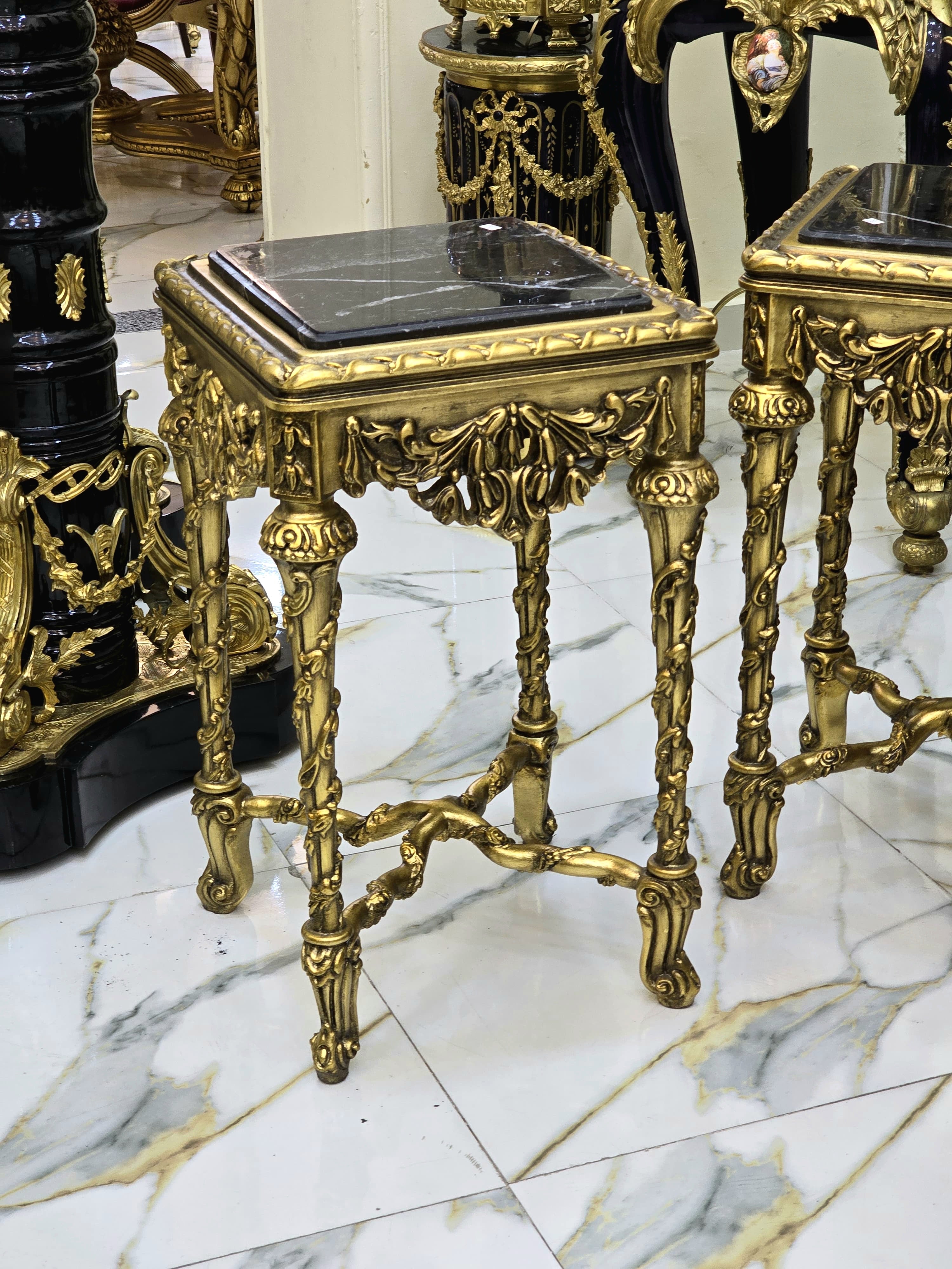 French Style Black Marble Topped Side Table – Gold Accents, Elegant Design
