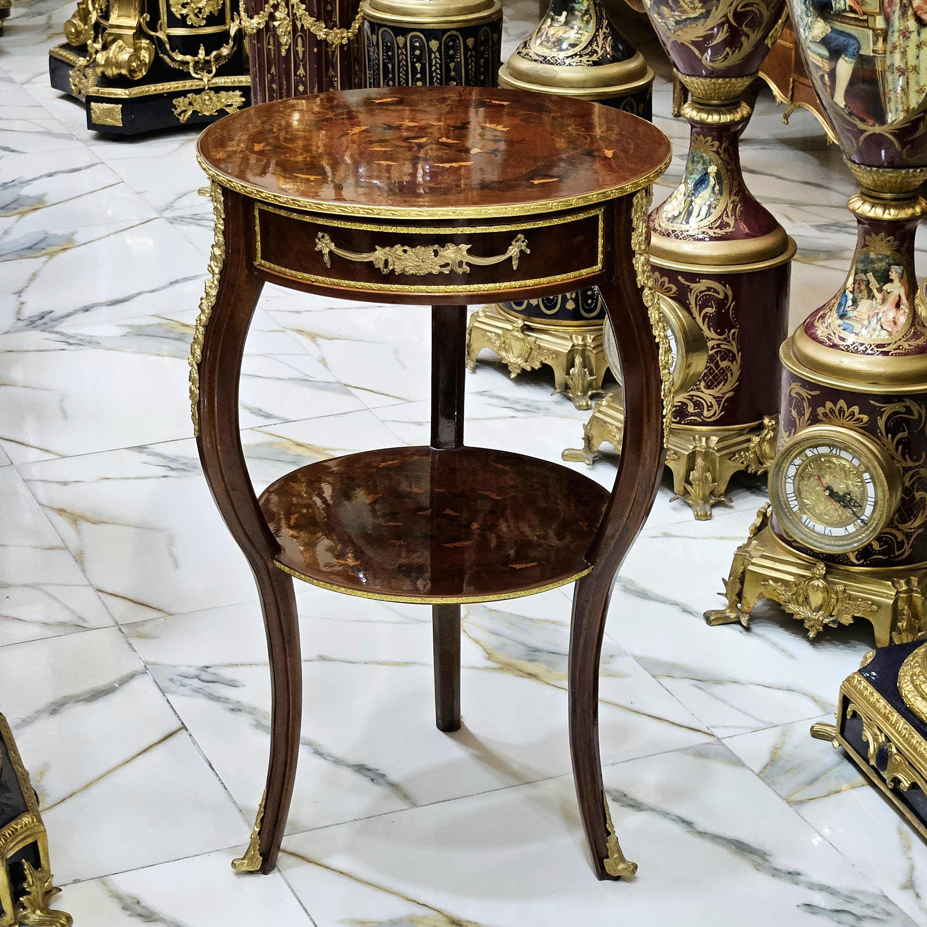 French Style Wood Side Table – Copper Finish with Gold Leaf Accents, Elegant Design