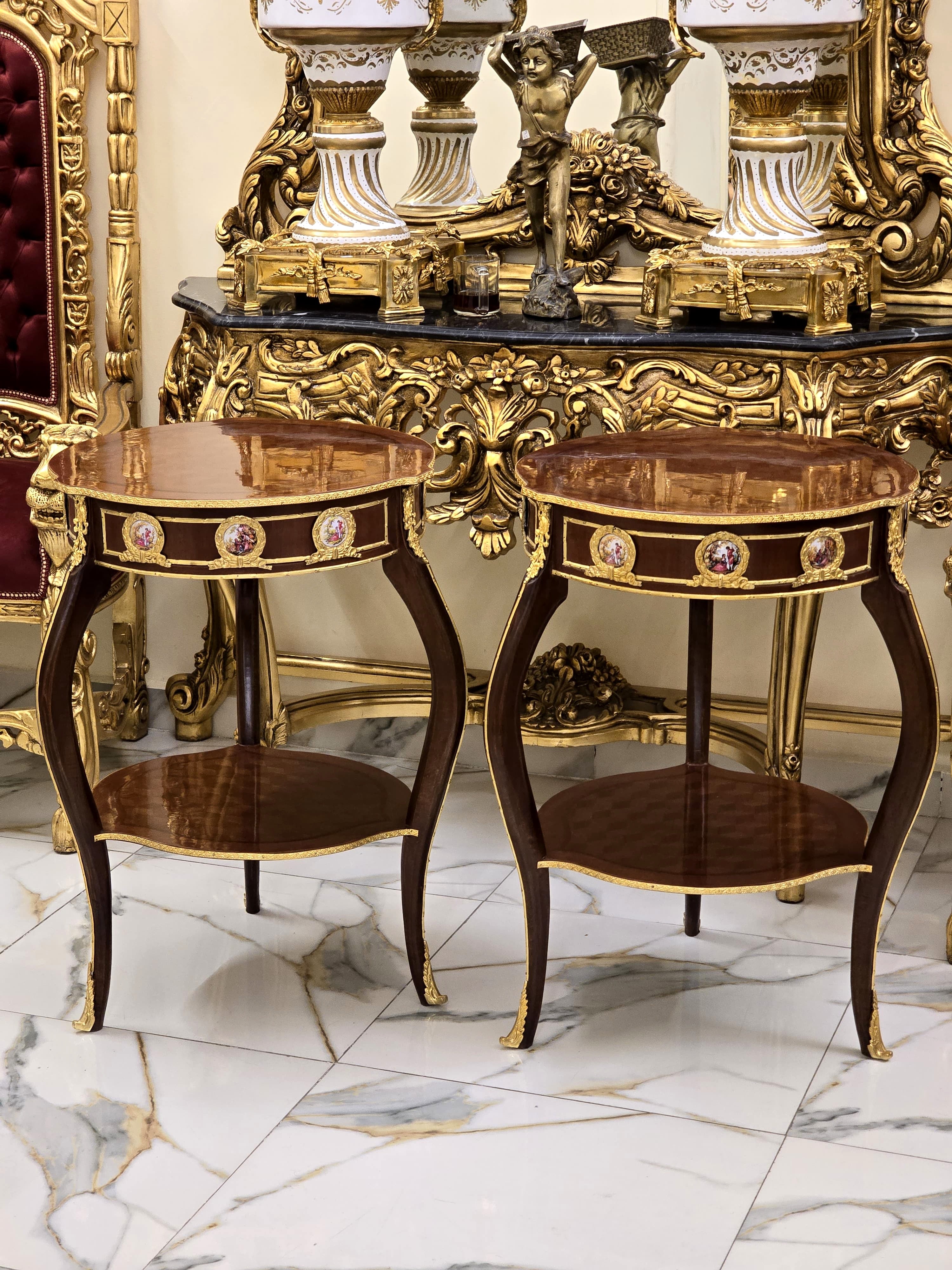 Baroque Style Wood Side Table – Copper with Gold Leaf Accents, Elegant Design