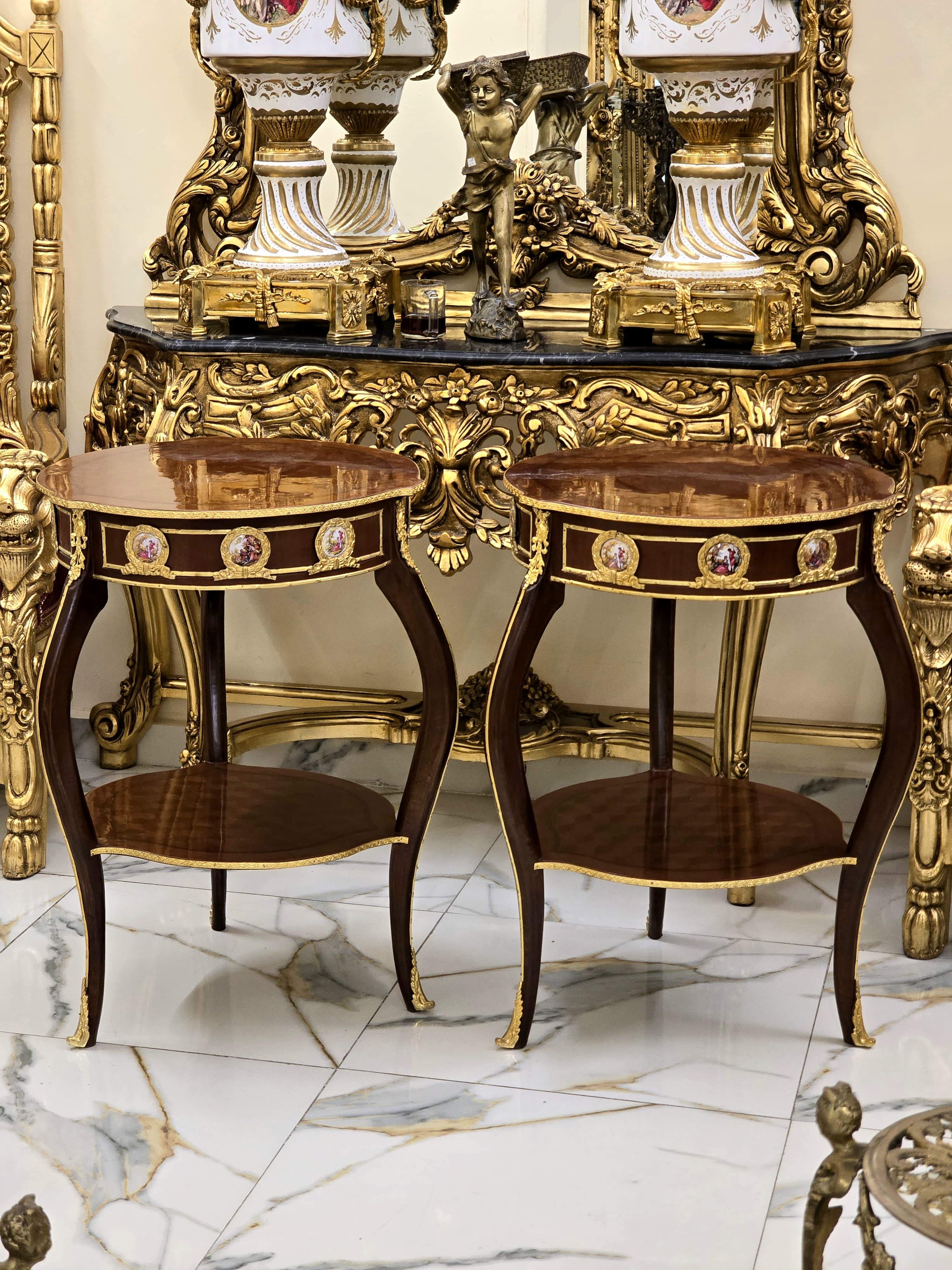 Baroque Style Wood Side Table – Copper with Gold Leaf Accents, Elegant Design
