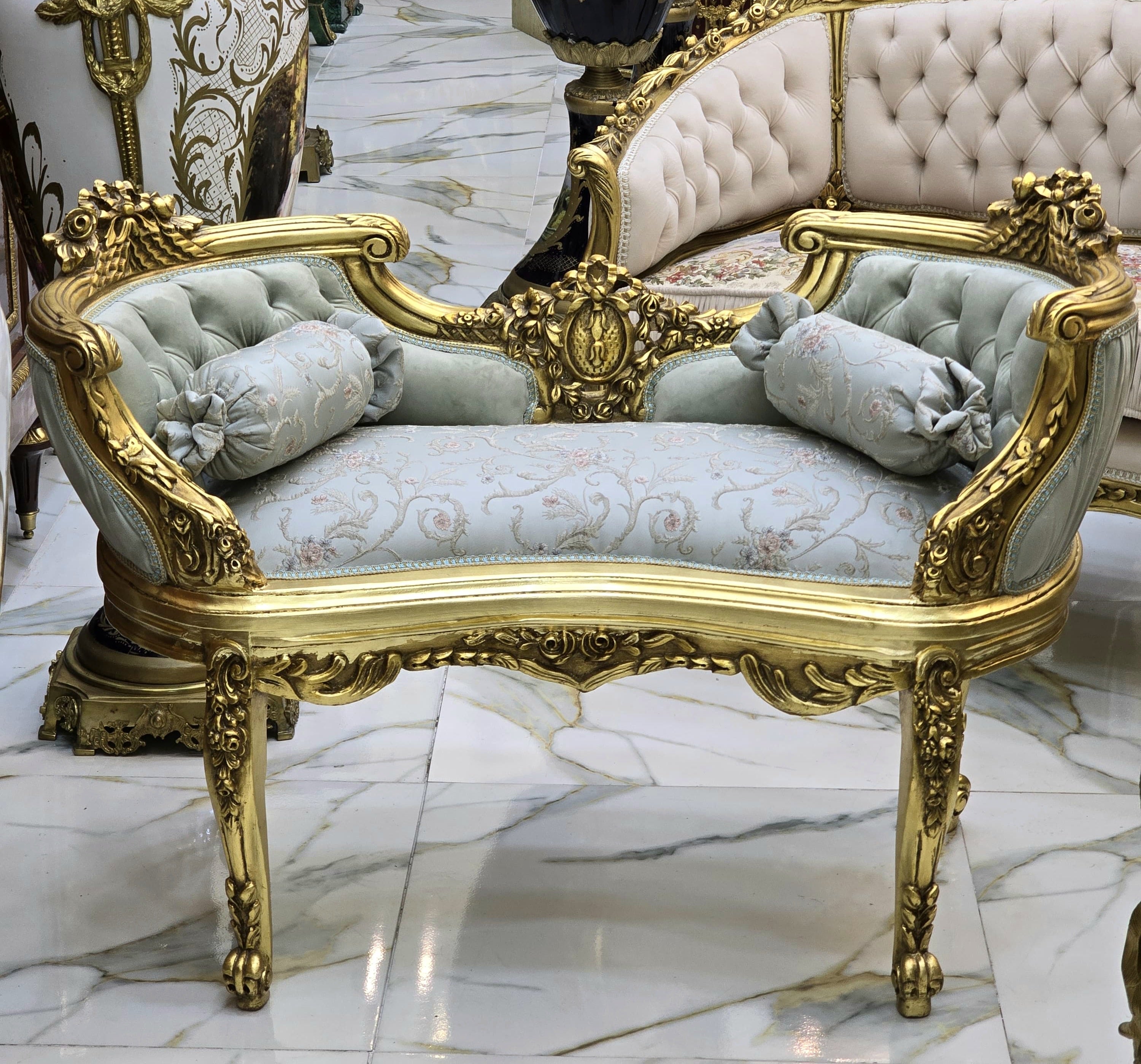 Baroque Style Bench – Light Blue Damask & White Tufted Velvet with Gold Leaf Details