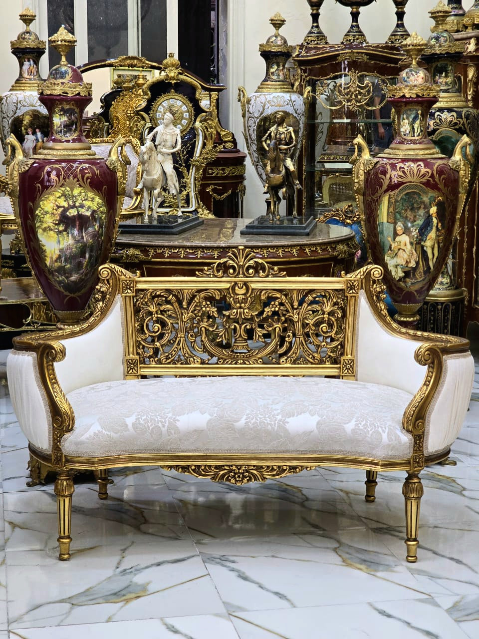 Vintage French Style Settee – Antique White Damask Sofa with Gold Leaf Details