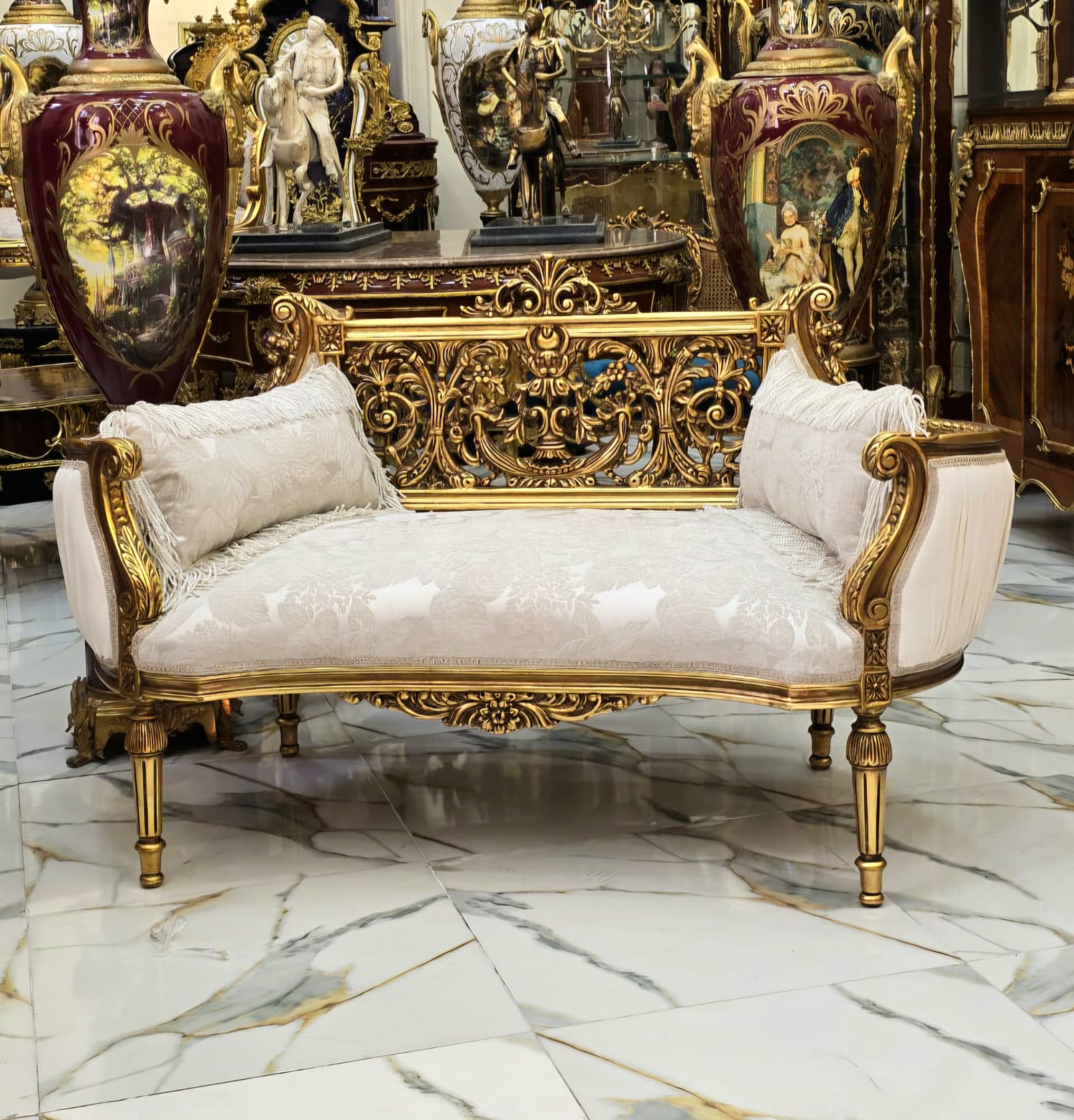 Vintage French Style Settee – Antique White Damask Sofa with Gold Leaf Details