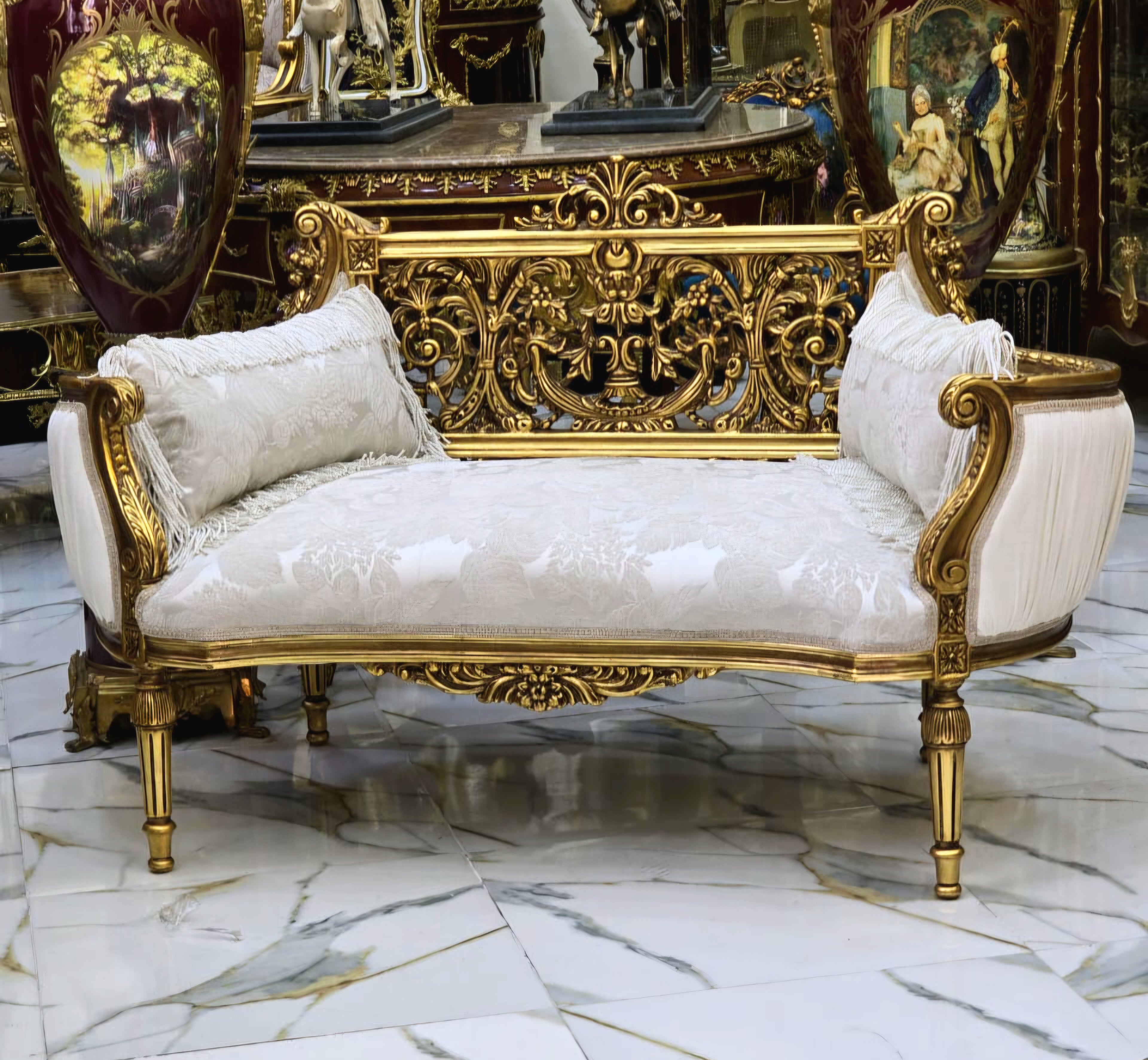 Vintage French Style Settee – Antique White Damask Sofa with Gold Leaf Details