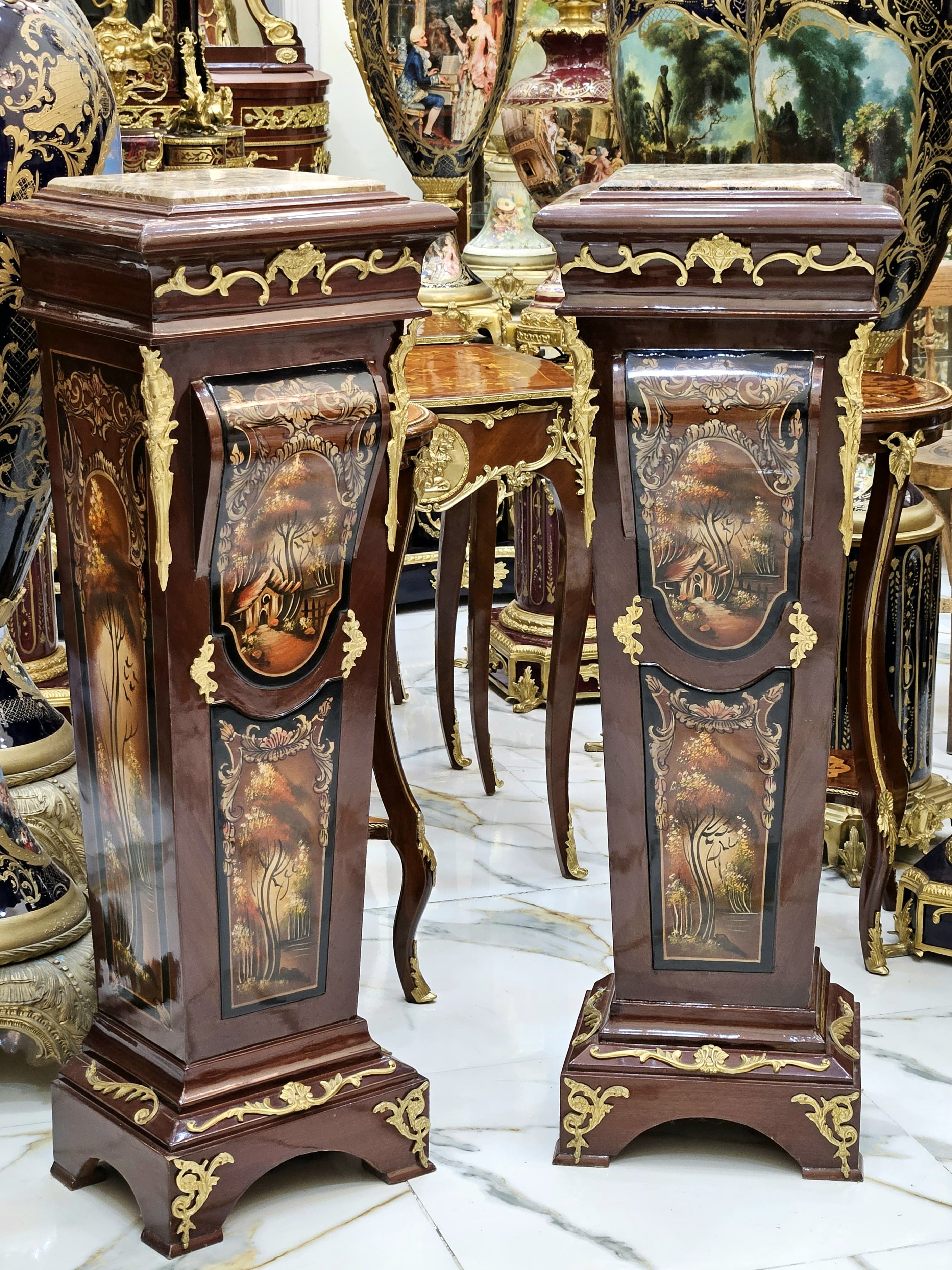 Rococo Style Pedestal Column Set Timeless Marble Topped