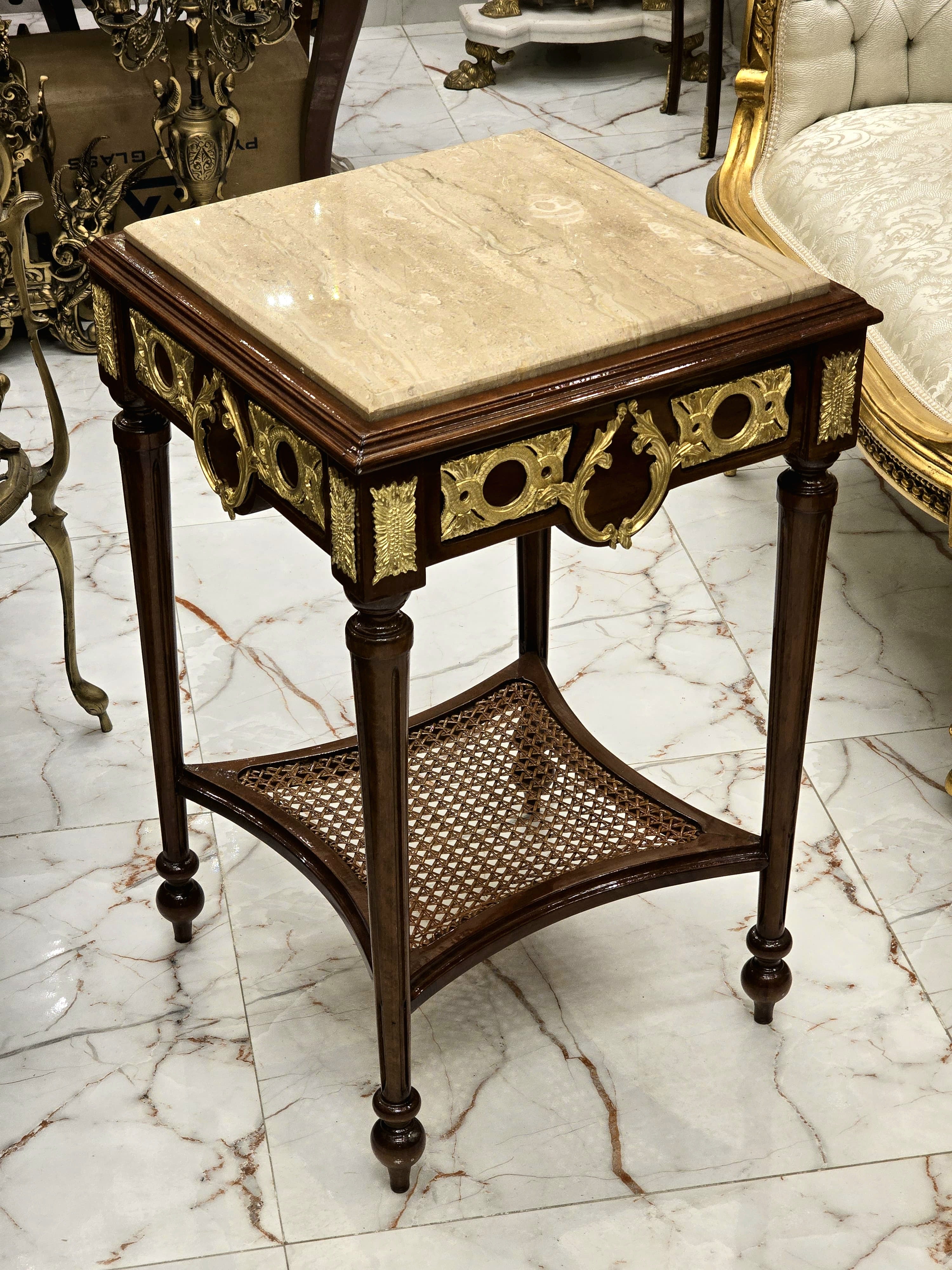 French Style Side Table – Gold Accents with Marble Top, Elegant Design