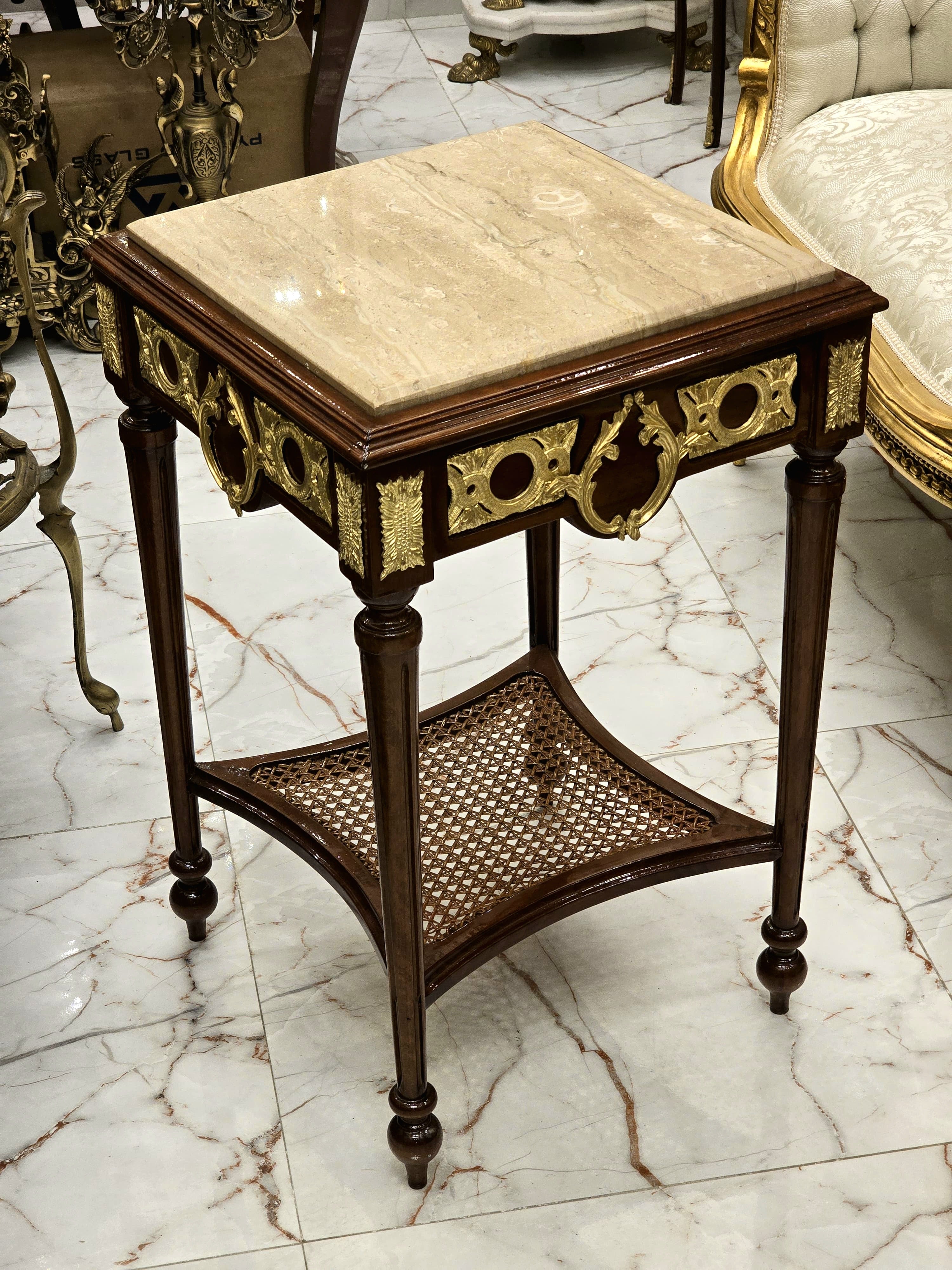 French Style Side Table – Gold Accents with Marble Top, Elegant Design