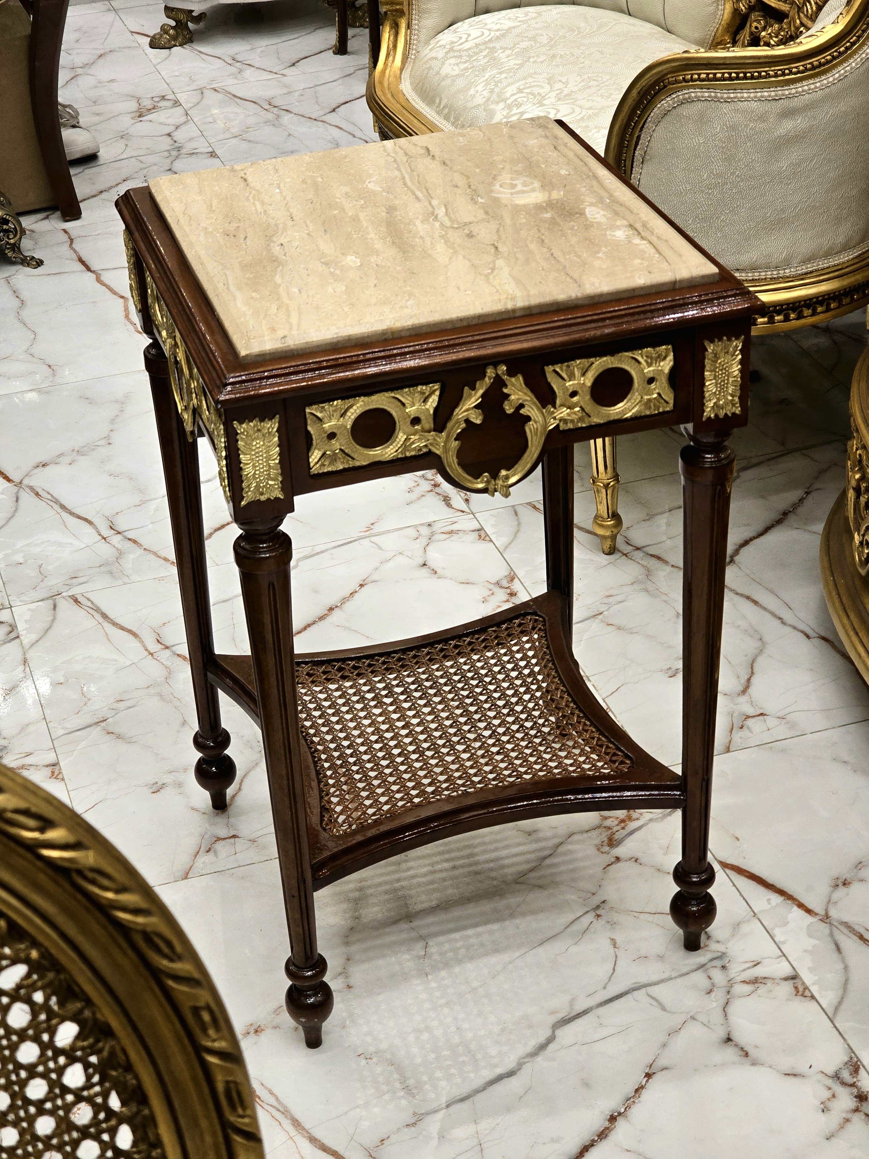 French Style Side Table – Gold Accents with Marble Top, Elegant Design