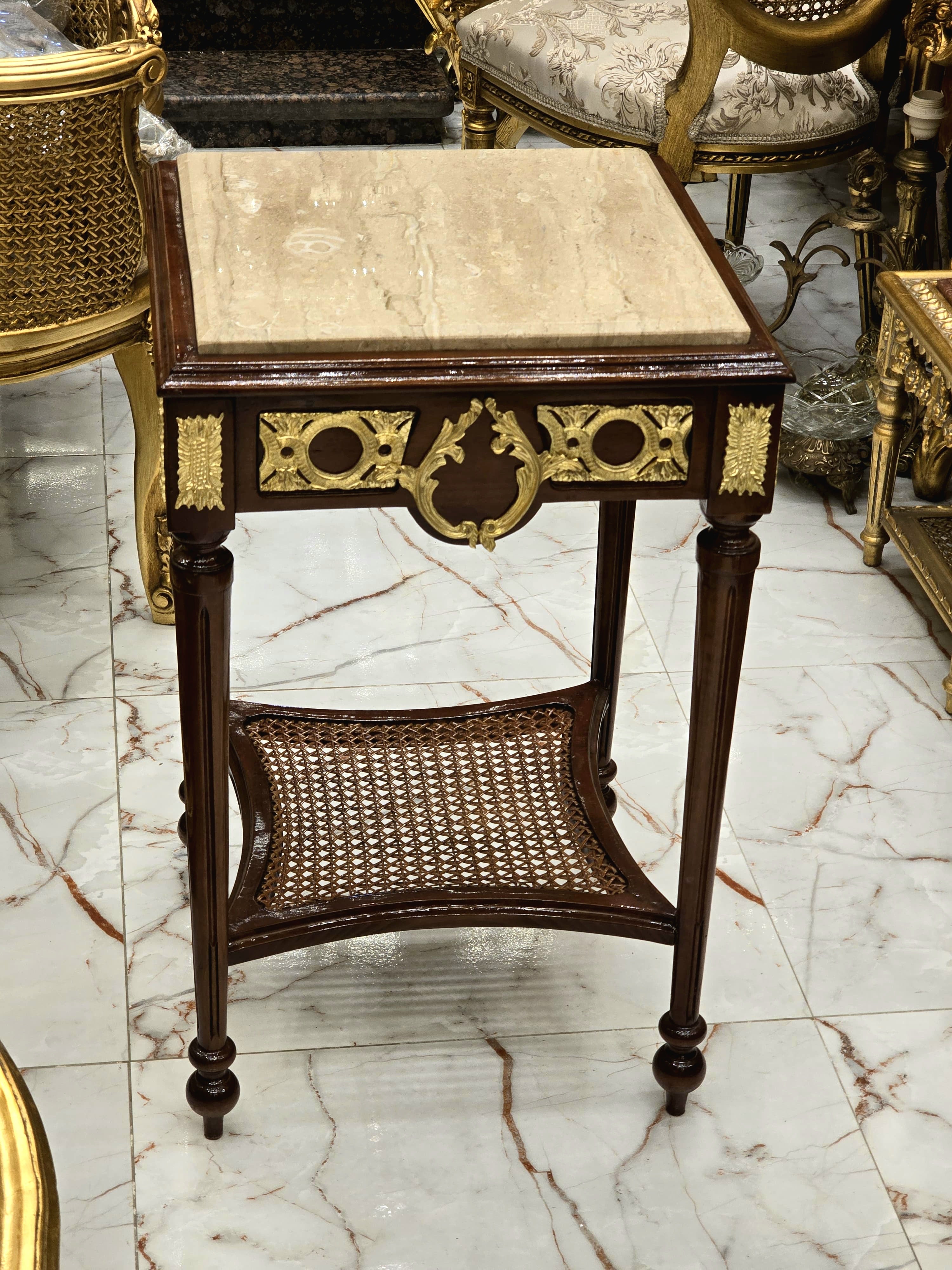 French Style Side Table – Gold Accents with Marble Top, Elegant Design