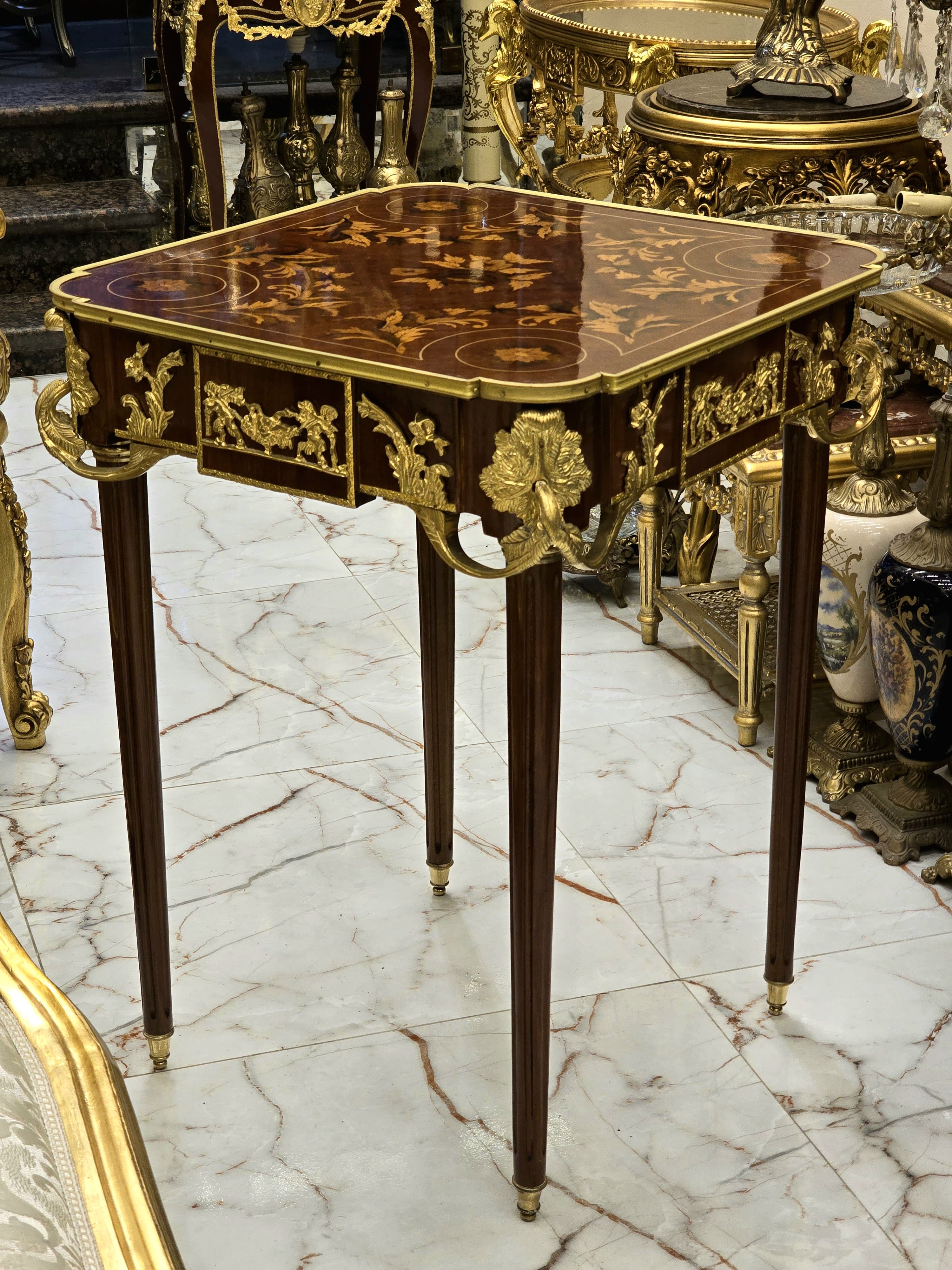 Italian Style Side Table – Gold Leaf Accents on Wood, Elegant Design (30” H x 22” W x 22” L).