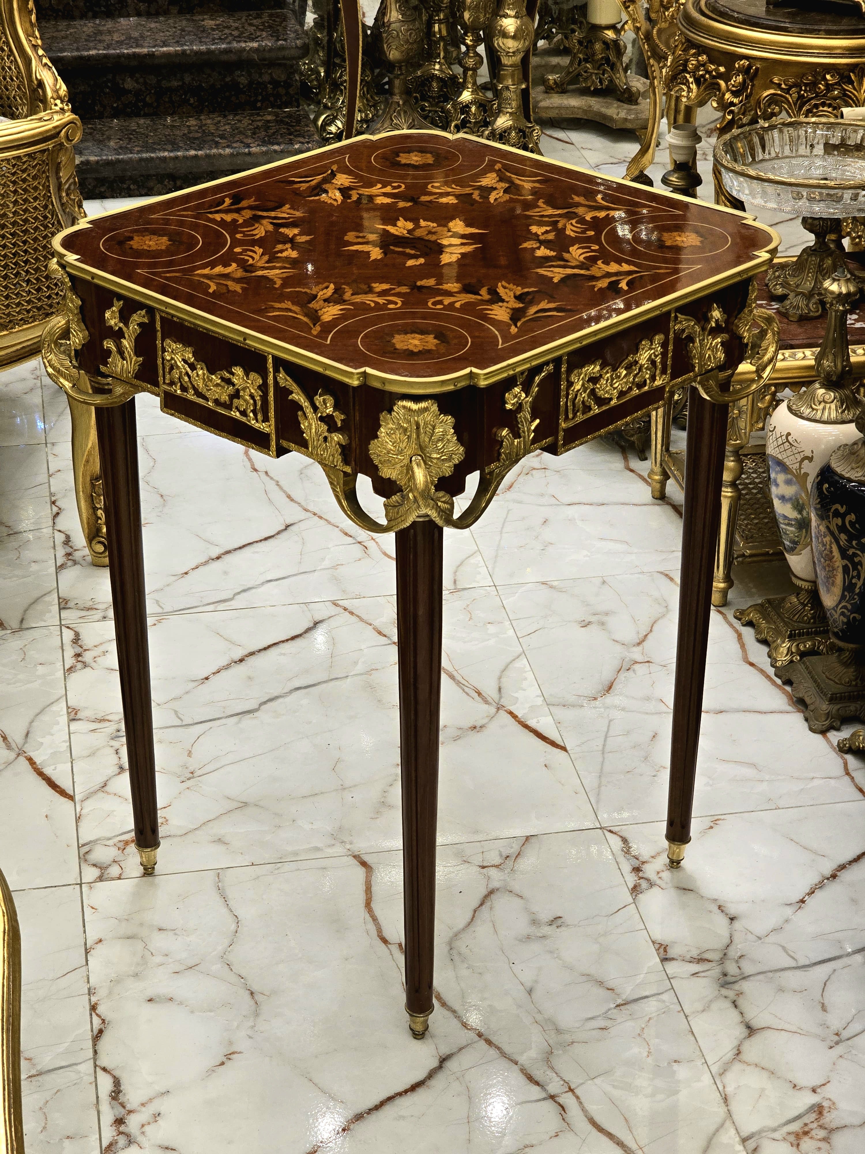 Italian Style Side Table – Gold Leaf Accents on Wood, Elegant Design (30” H x 22” W x 22” L).
