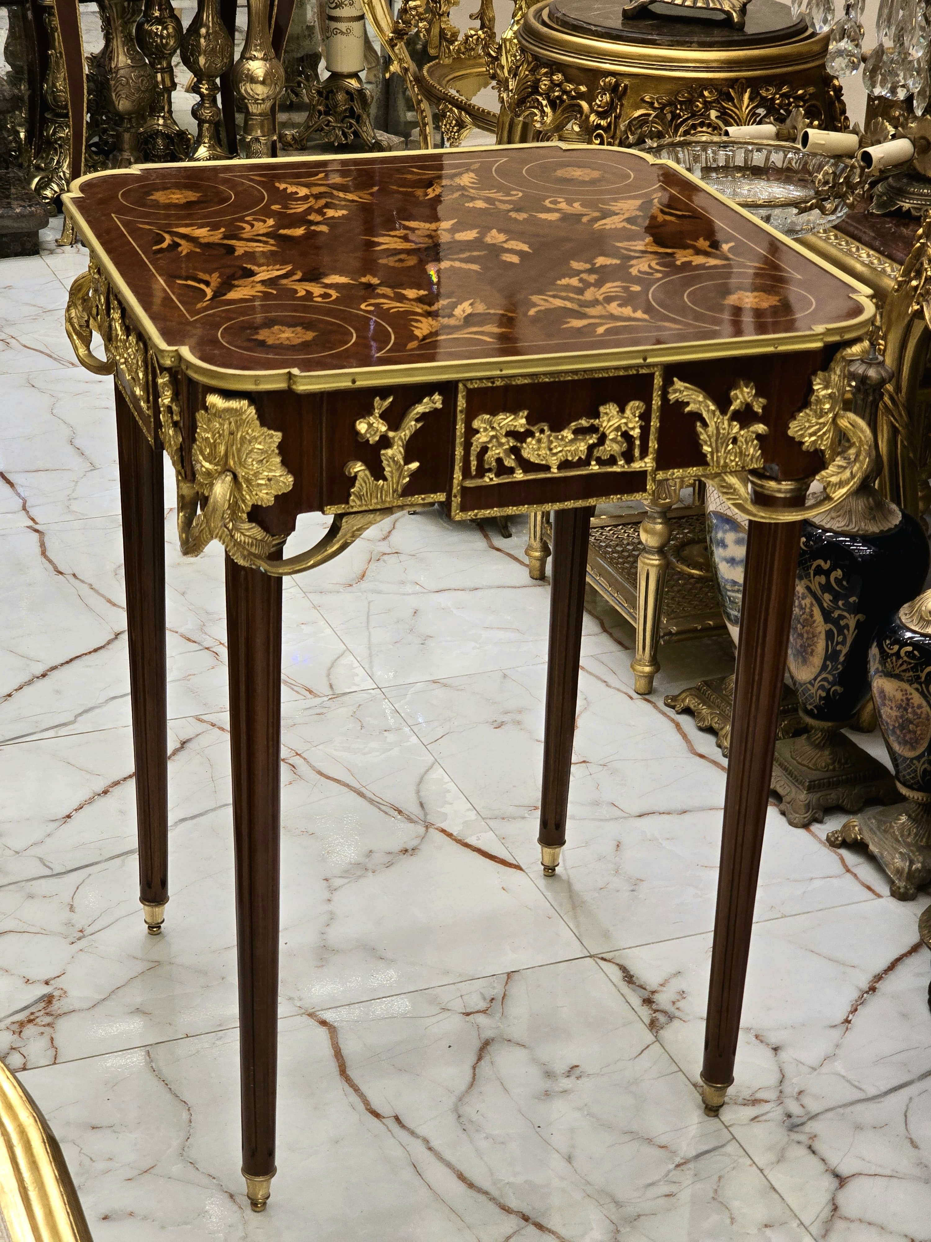 Italian Style Side Table – Gold Leaf Accents on Wood, Elegant Design (30” H x 22” W x 22” L).