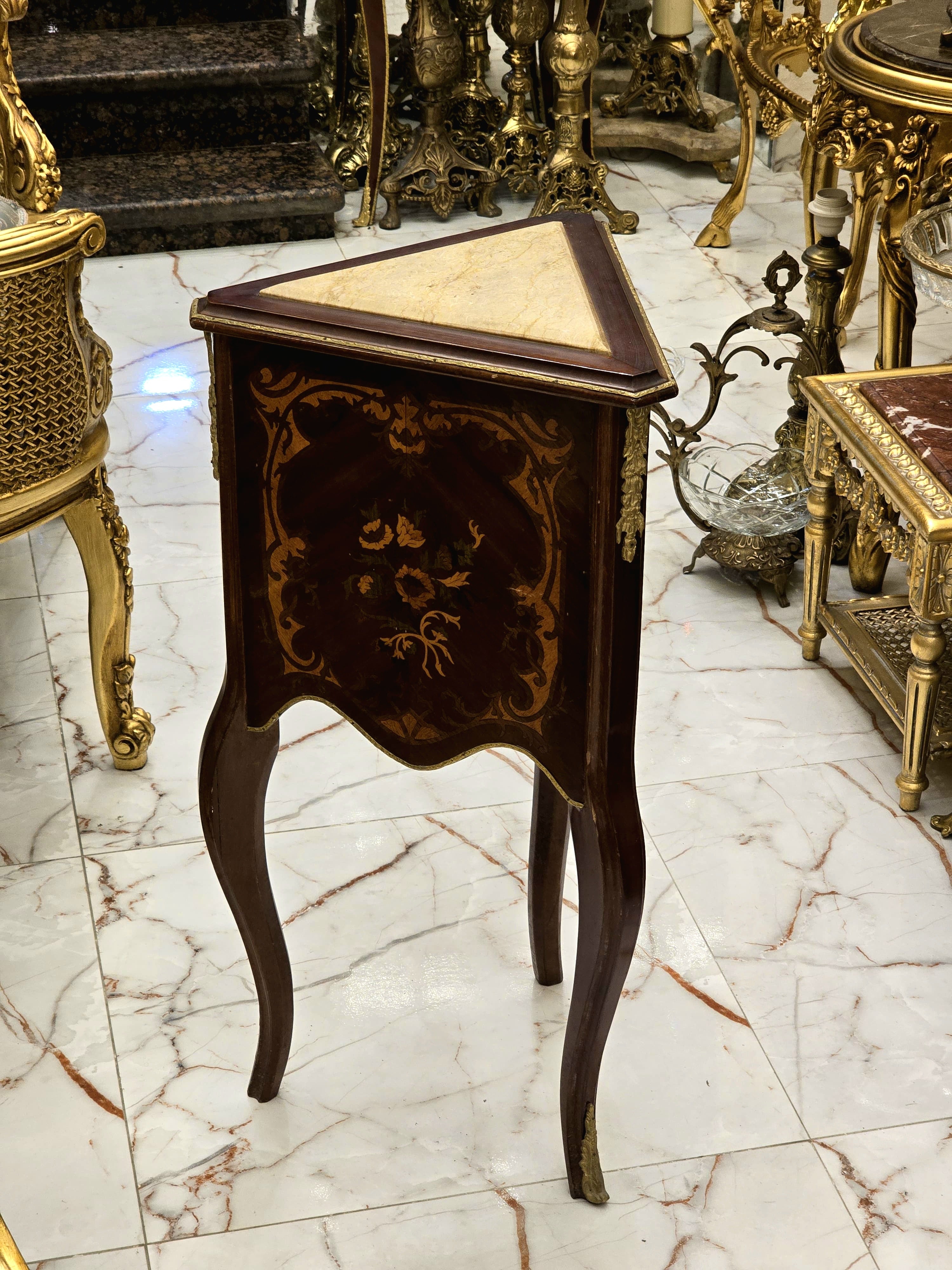 XV Louis Style Side Table – Gold Accents with Marble Top, Elegant French Design