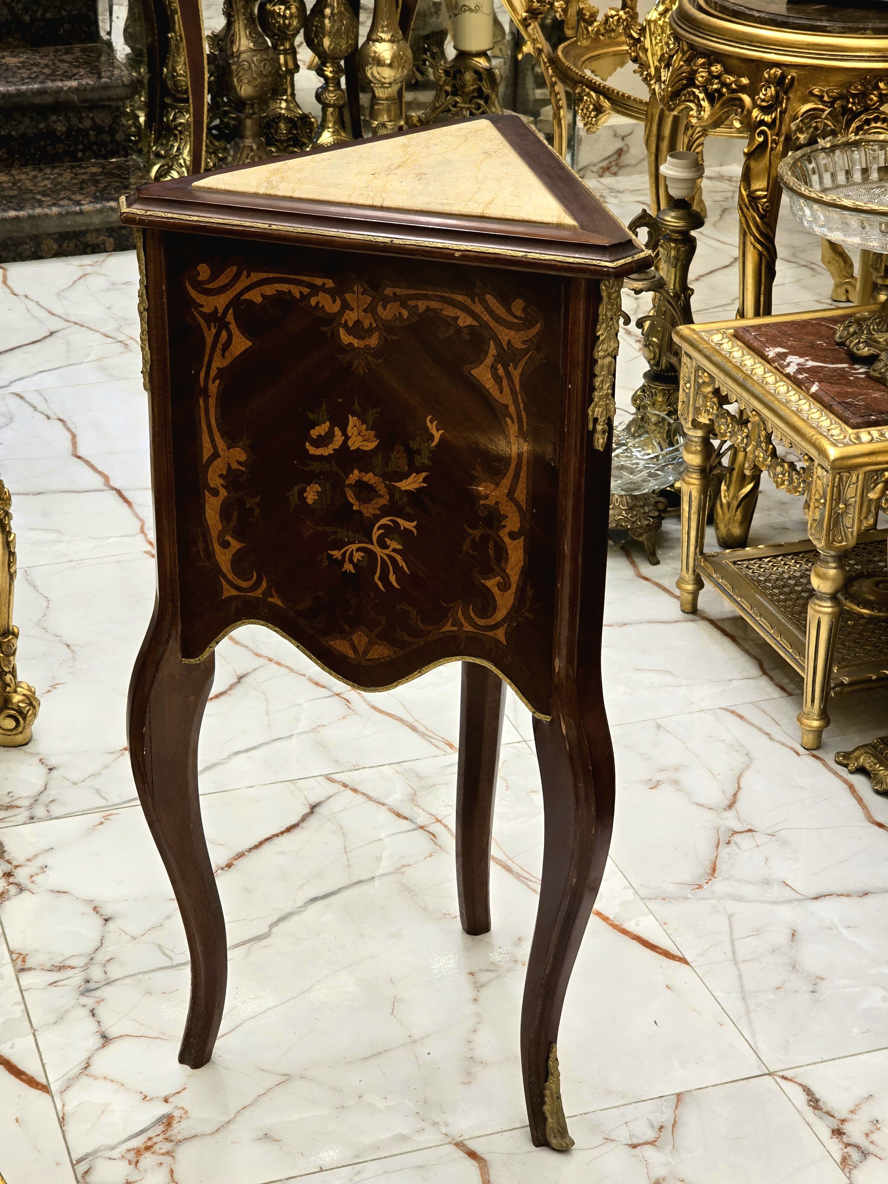 XV Louis Style Side Table – Gold Accents with Marble Top, Elegant French Design