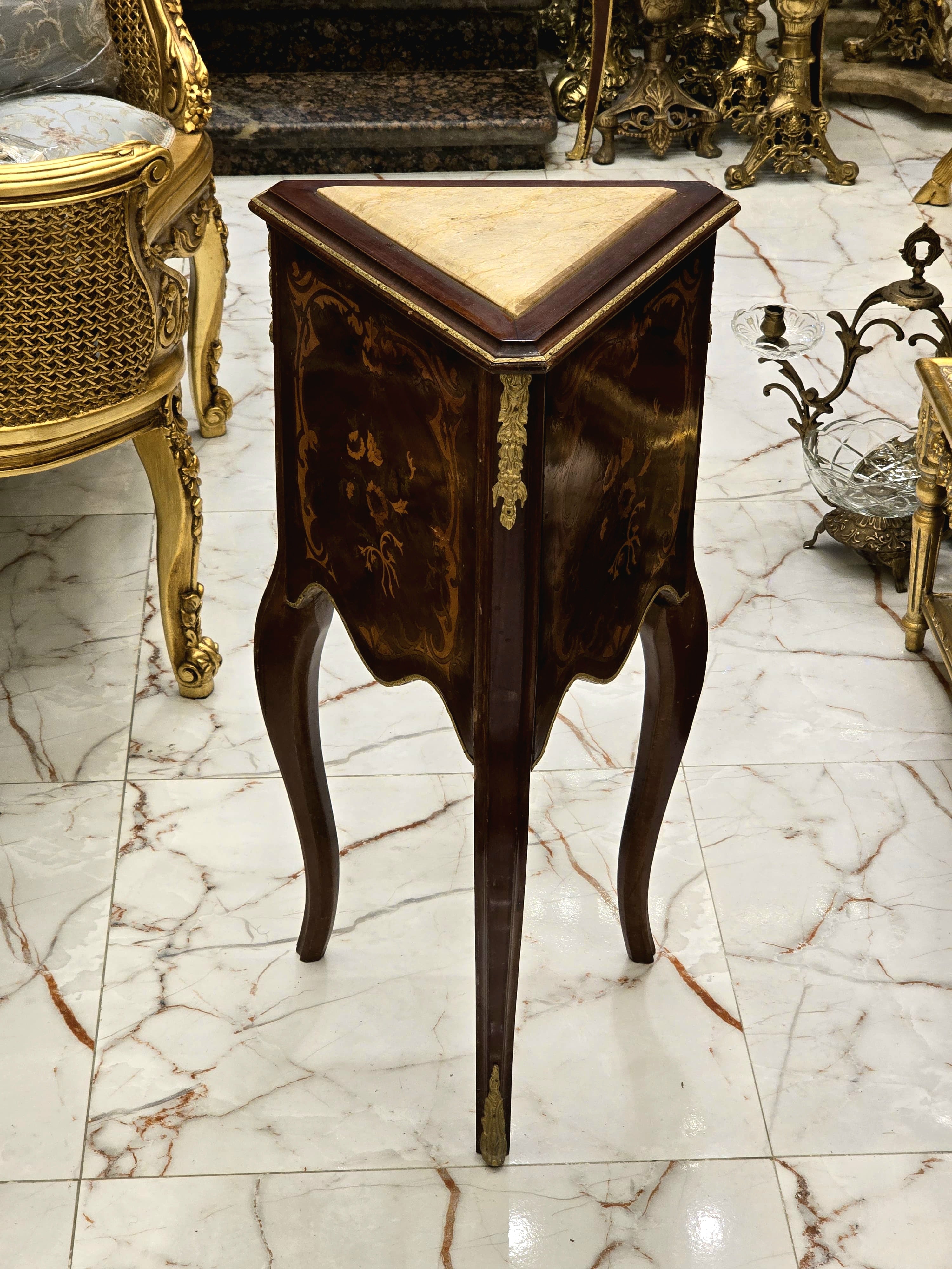 XV Louis Style Side Table – Gold Accents with Marble Top, Elegant French Design