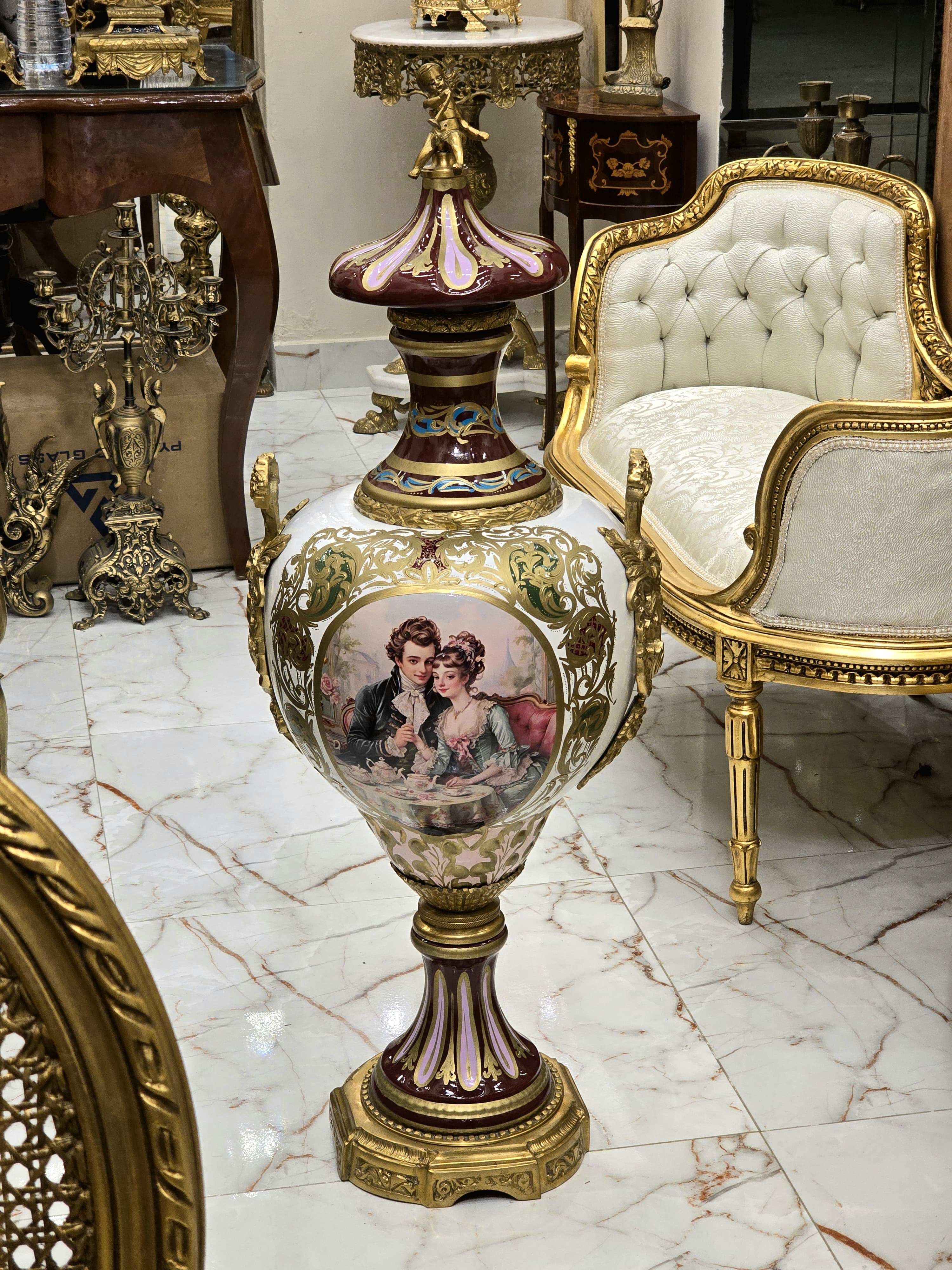 Ornate French Porcelain Vase with Romantic Scene & Gold Gilt Bronze Mounts