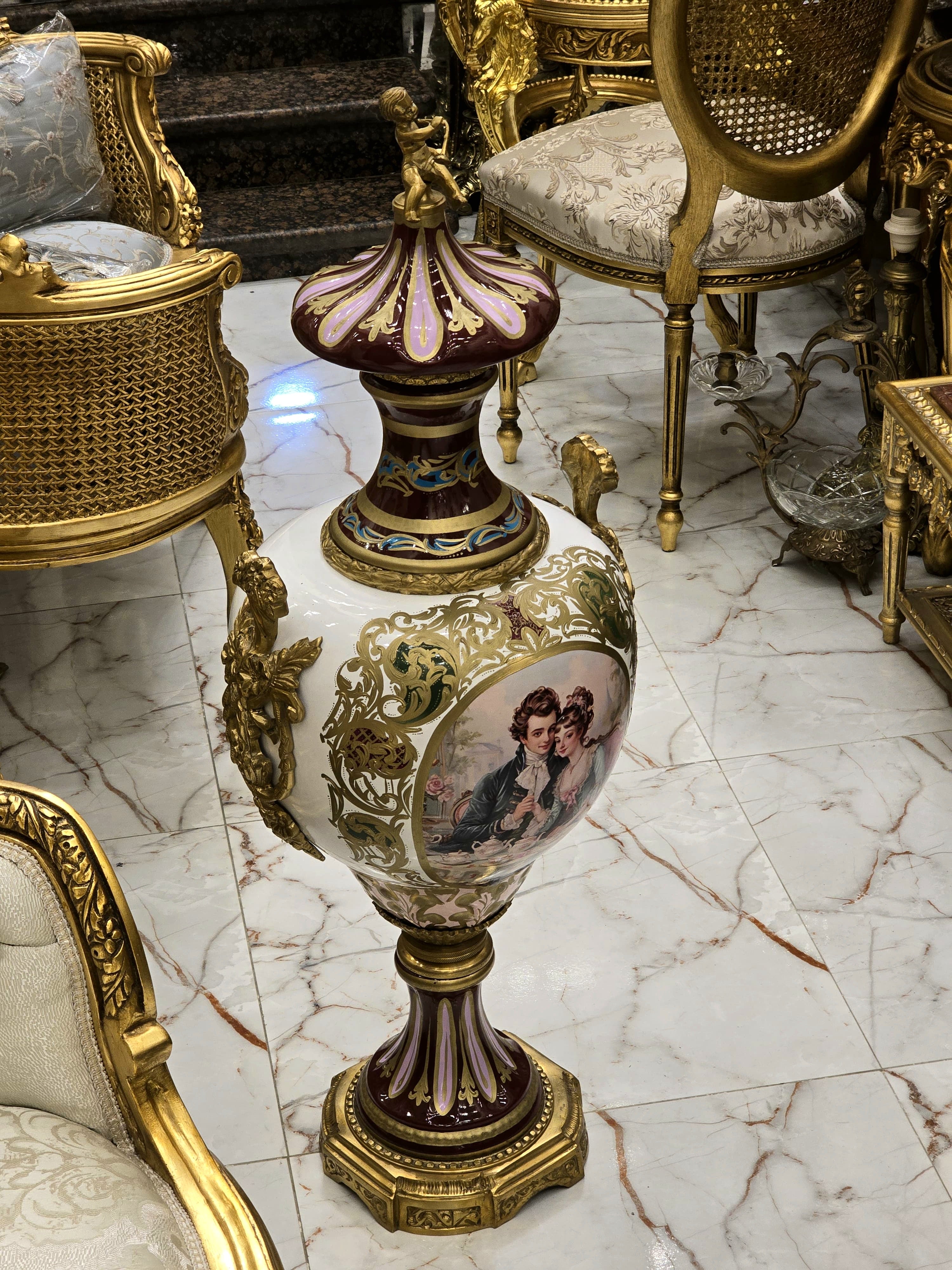 Ornate French Porcelain Vase with Romantic Scene & Gold Gilt Bronze Mounts