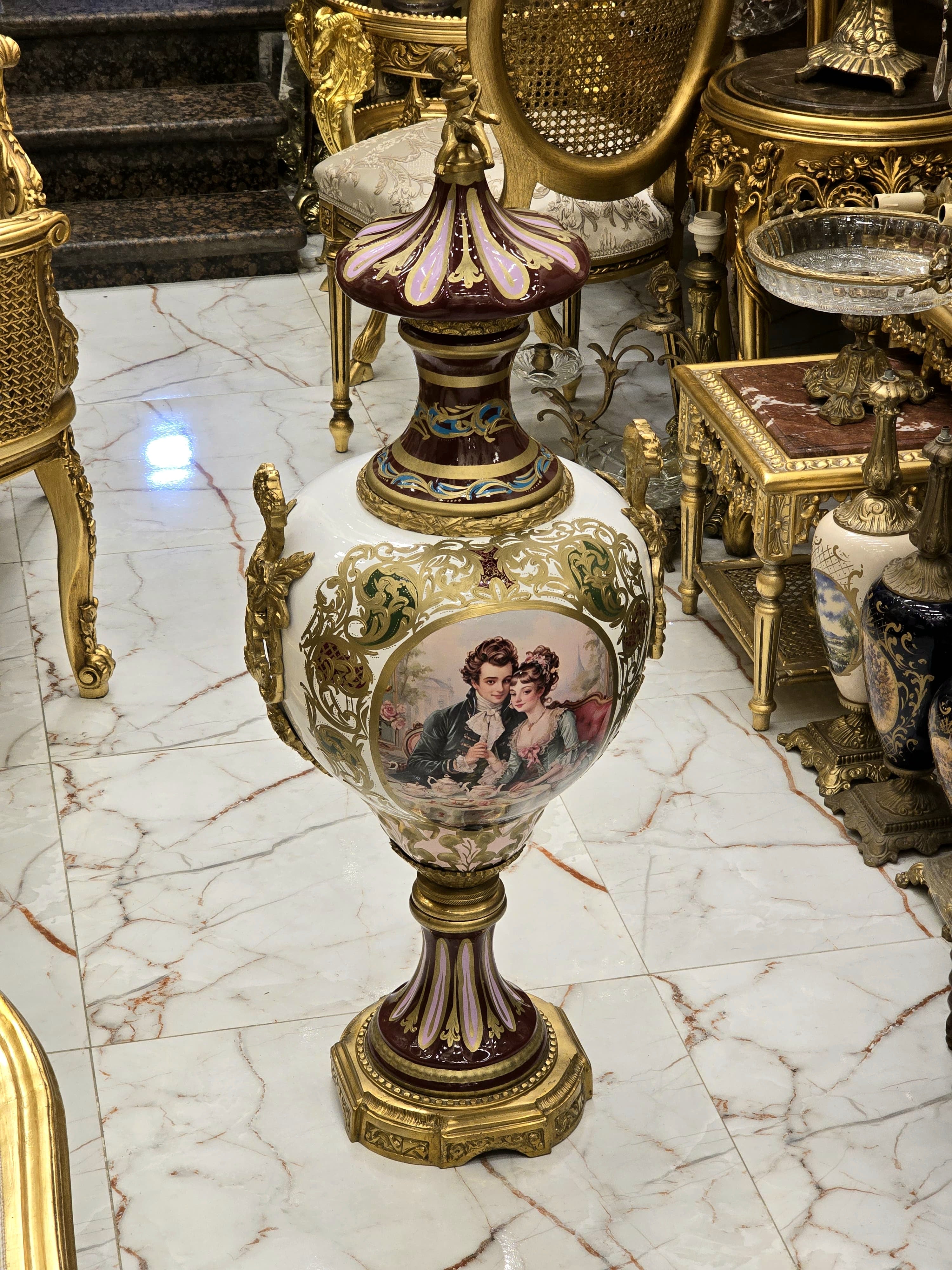 Ornate French Porcelain Vase with Romantic Scene & Gold Gilt Bronze Mounts