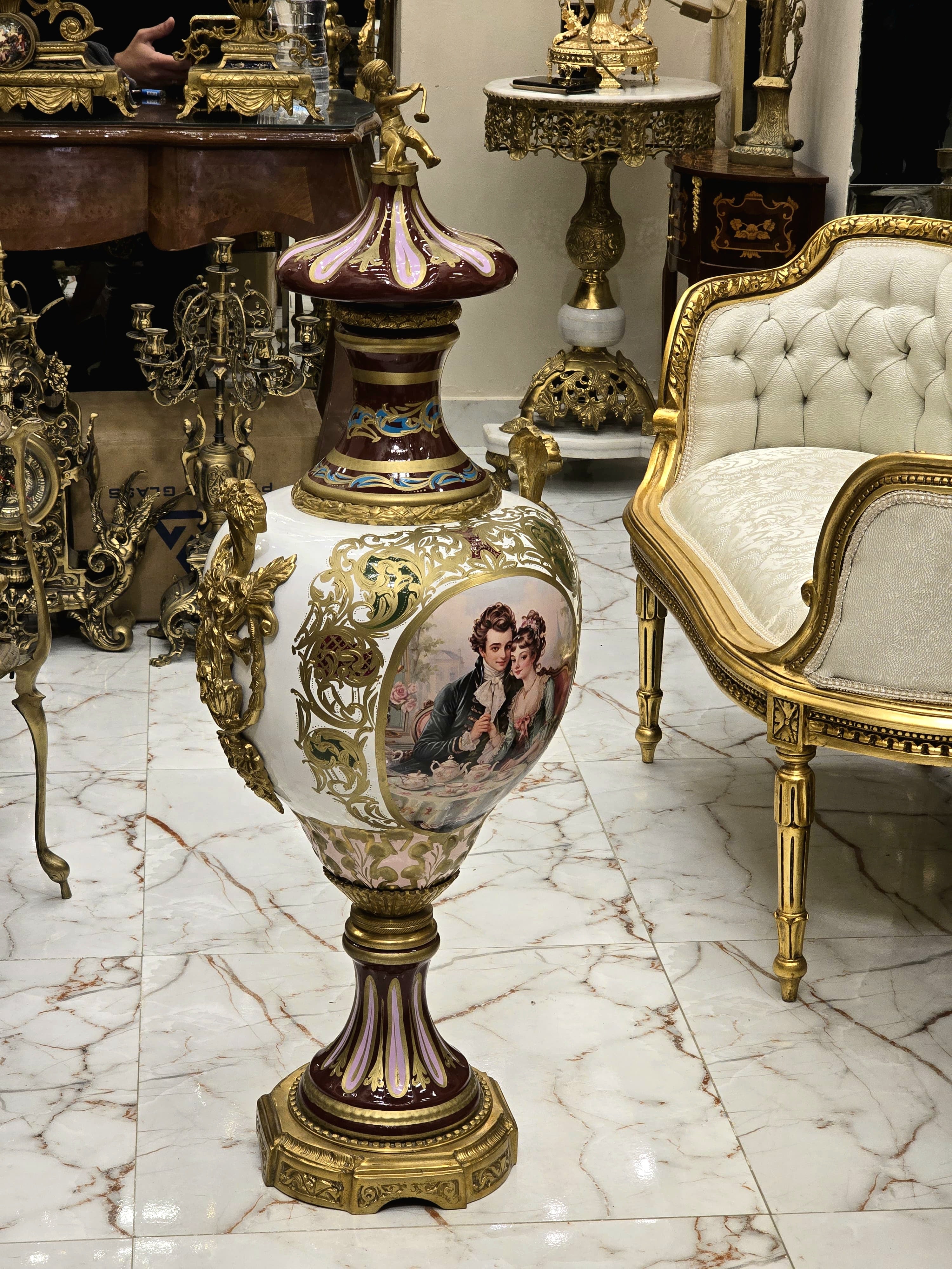 Ornate French Porcelain Vase with Romantic Scene & Gold Gilt Bronze Mounts