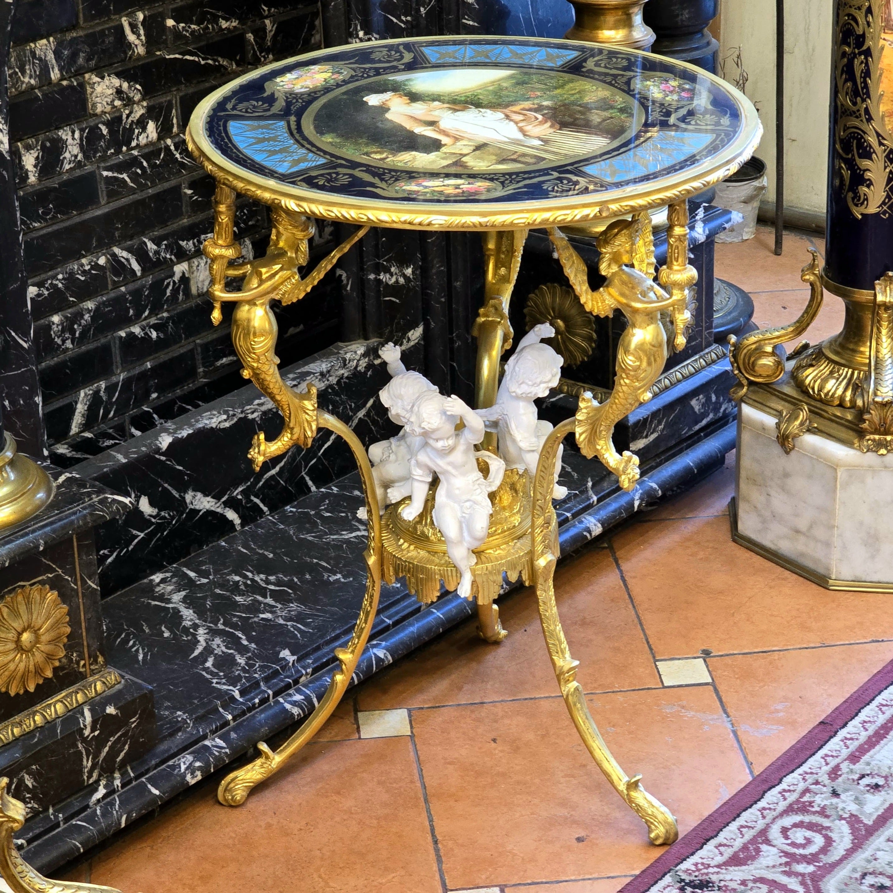 French Rococo Style Gilt Bronze Side Table with Cherub & Mermaid Details