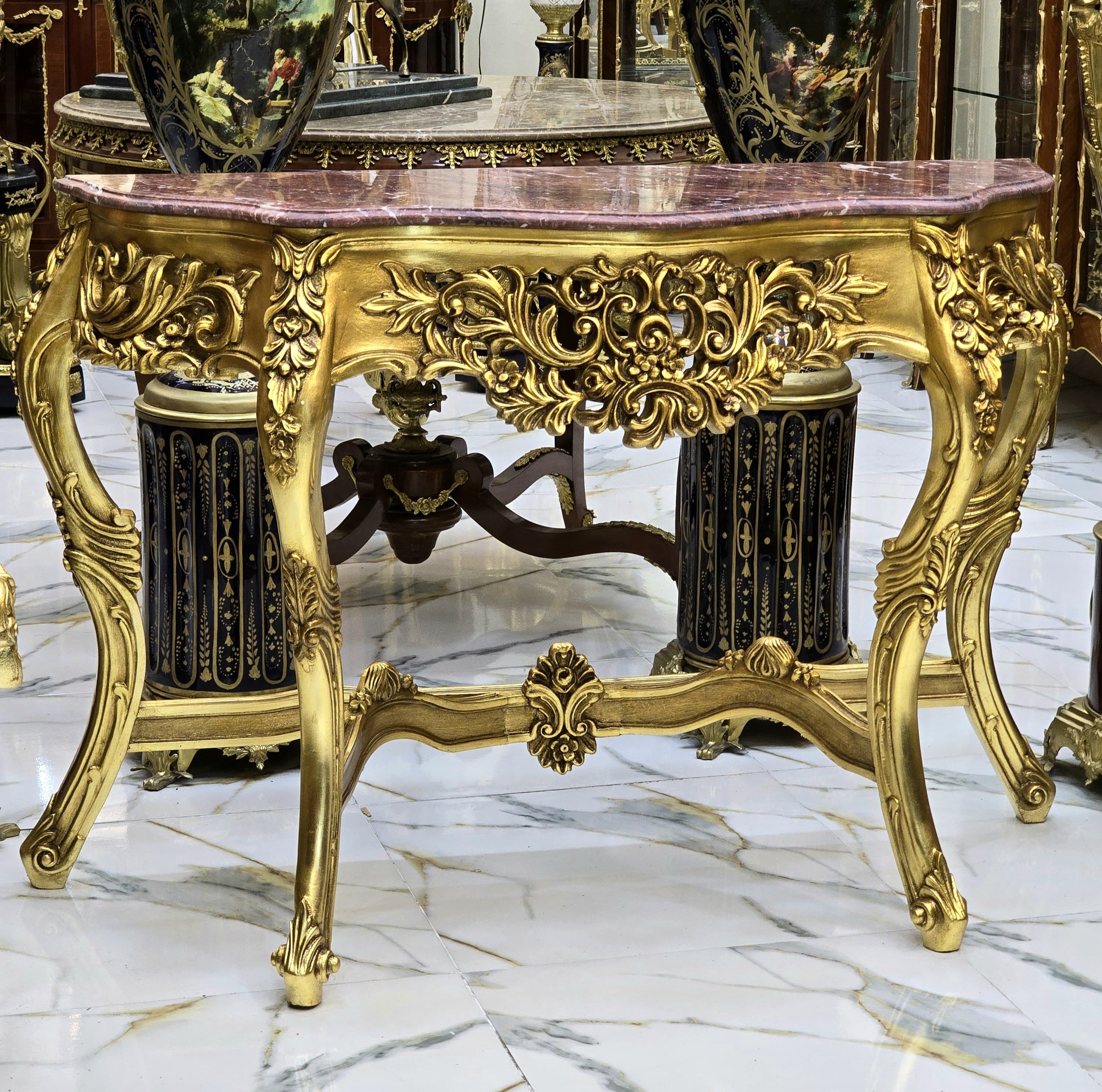 French Style Console Table – Light Marble Top, Gold Leaf Details, 36"H x 20"W x 55"L
