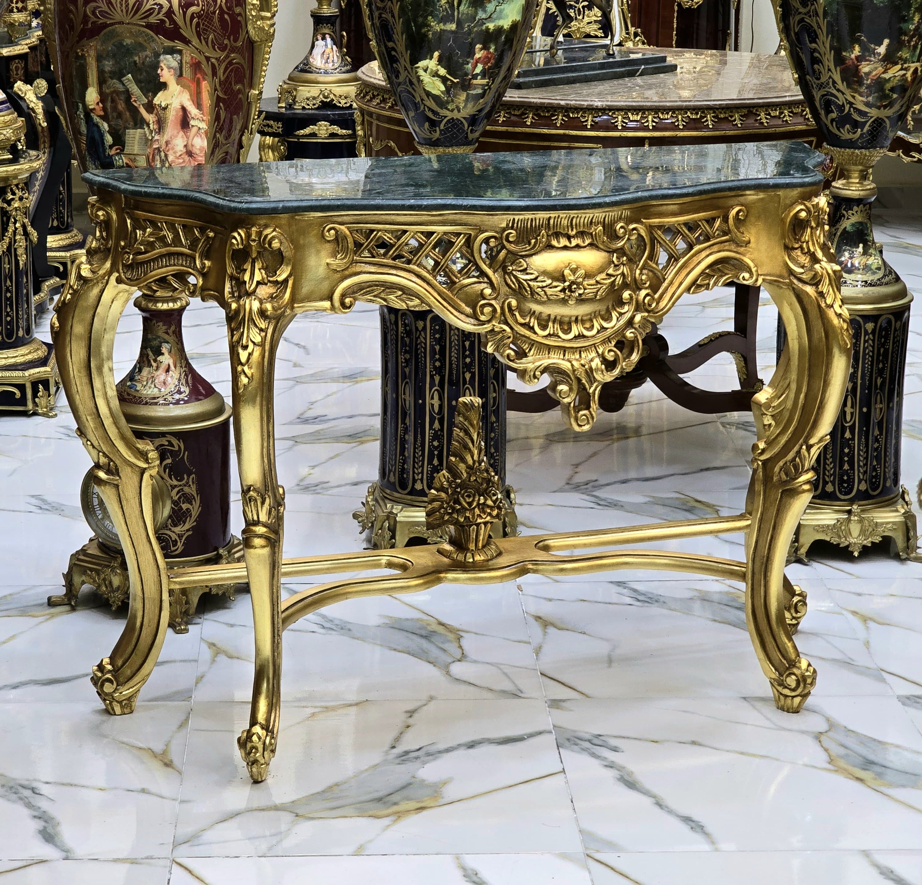 French Style Console Table – Black Marble Top, Gold Leaf Details, 36"H x 22"W x 50"L