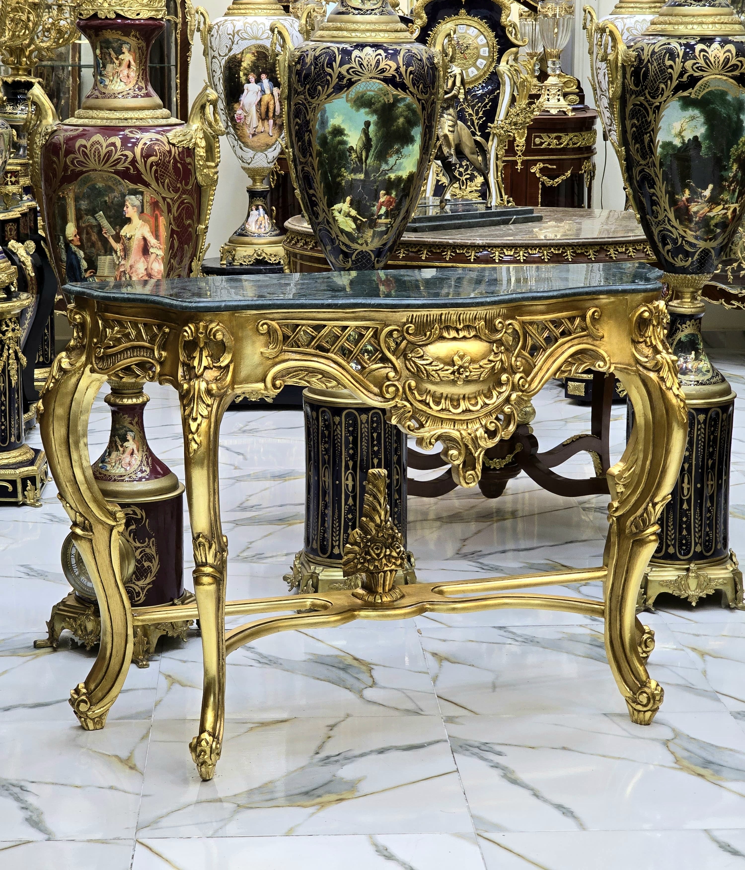 French Style Console Table – Black Marble Top, Gold Leaf Details, 36"H x 22"W x 50"L