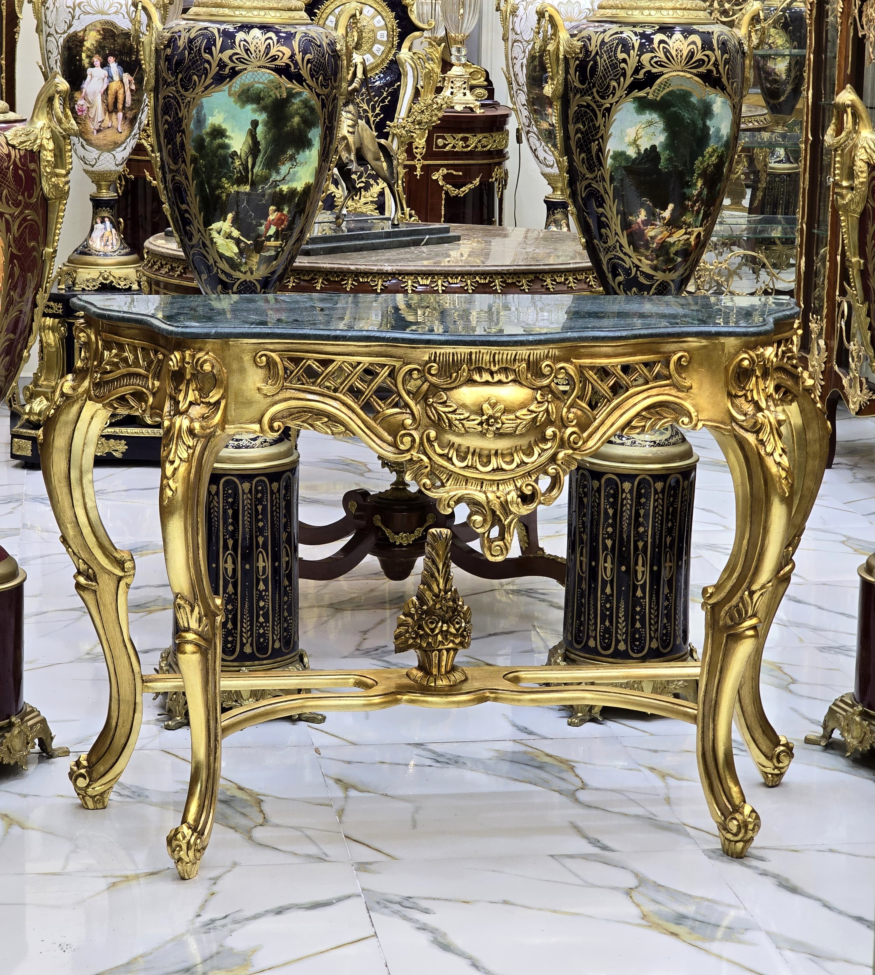French Style Console Table – Black Marble Top, Gold Leaf Details, 36"H x 22"W x 50"L