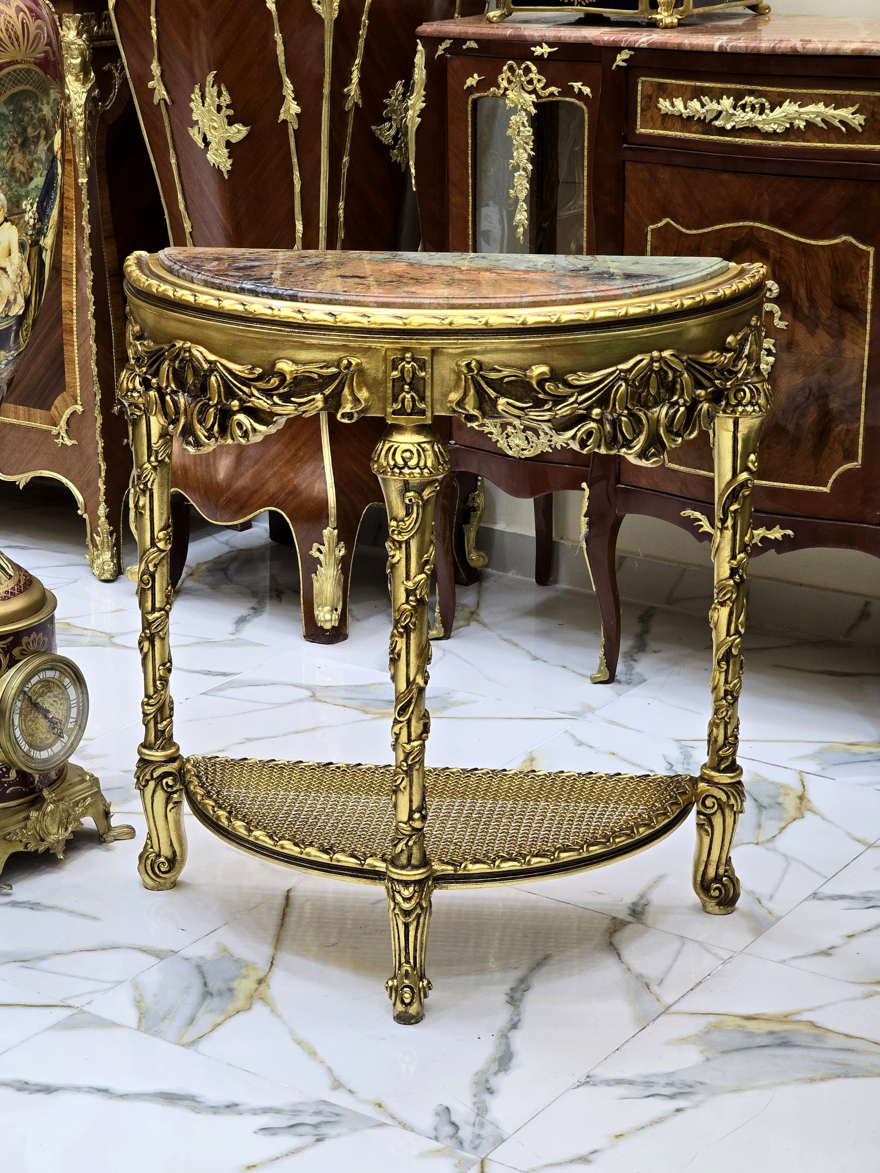 French Style Console Table – Marble Top, Gold Leaf Details, 35"H x 16"W x 31"L