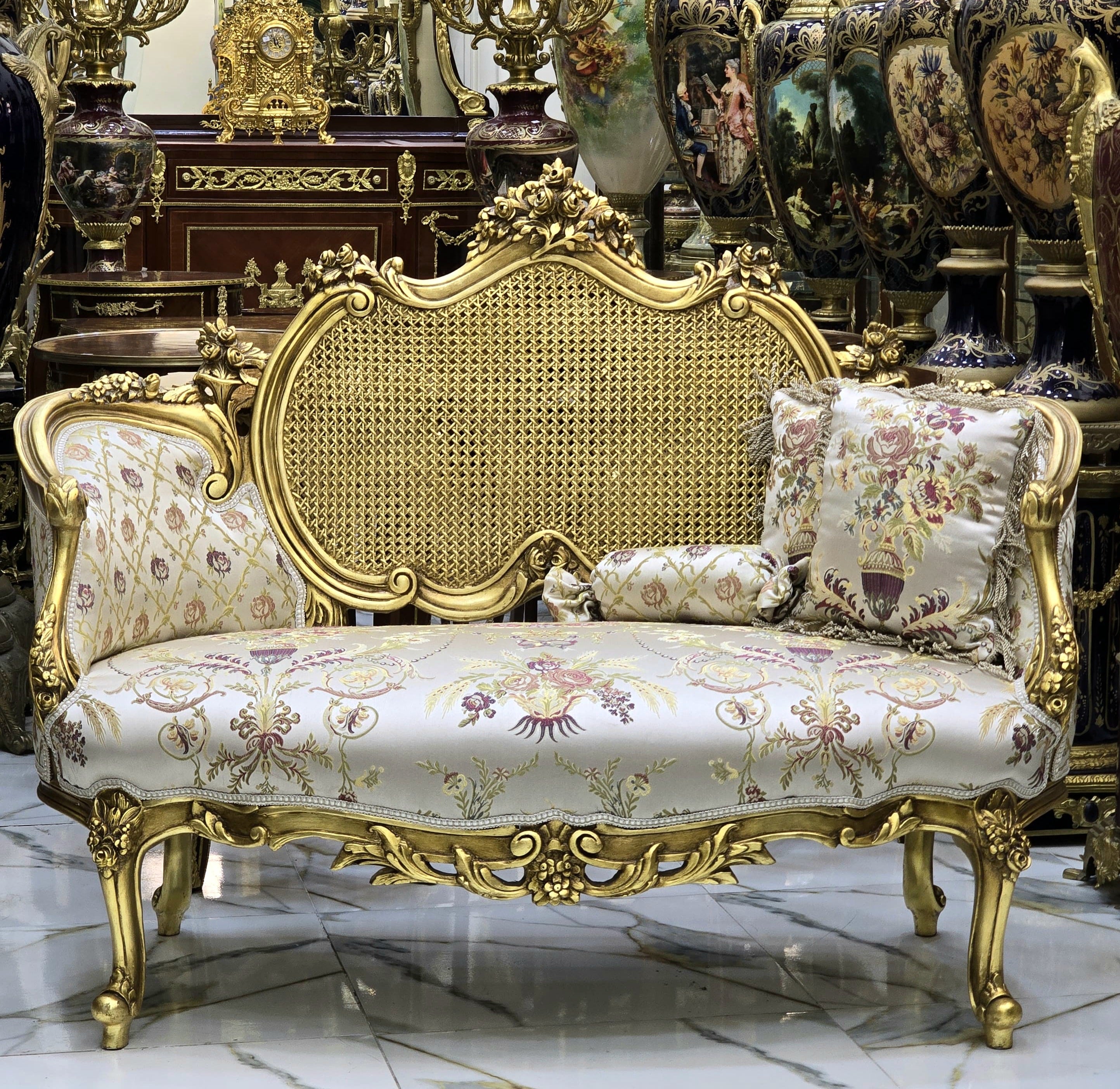 French Style Gold Leaf Settee Sofa – Beige & White Upholstery with Fully Gold Leaf Backrest