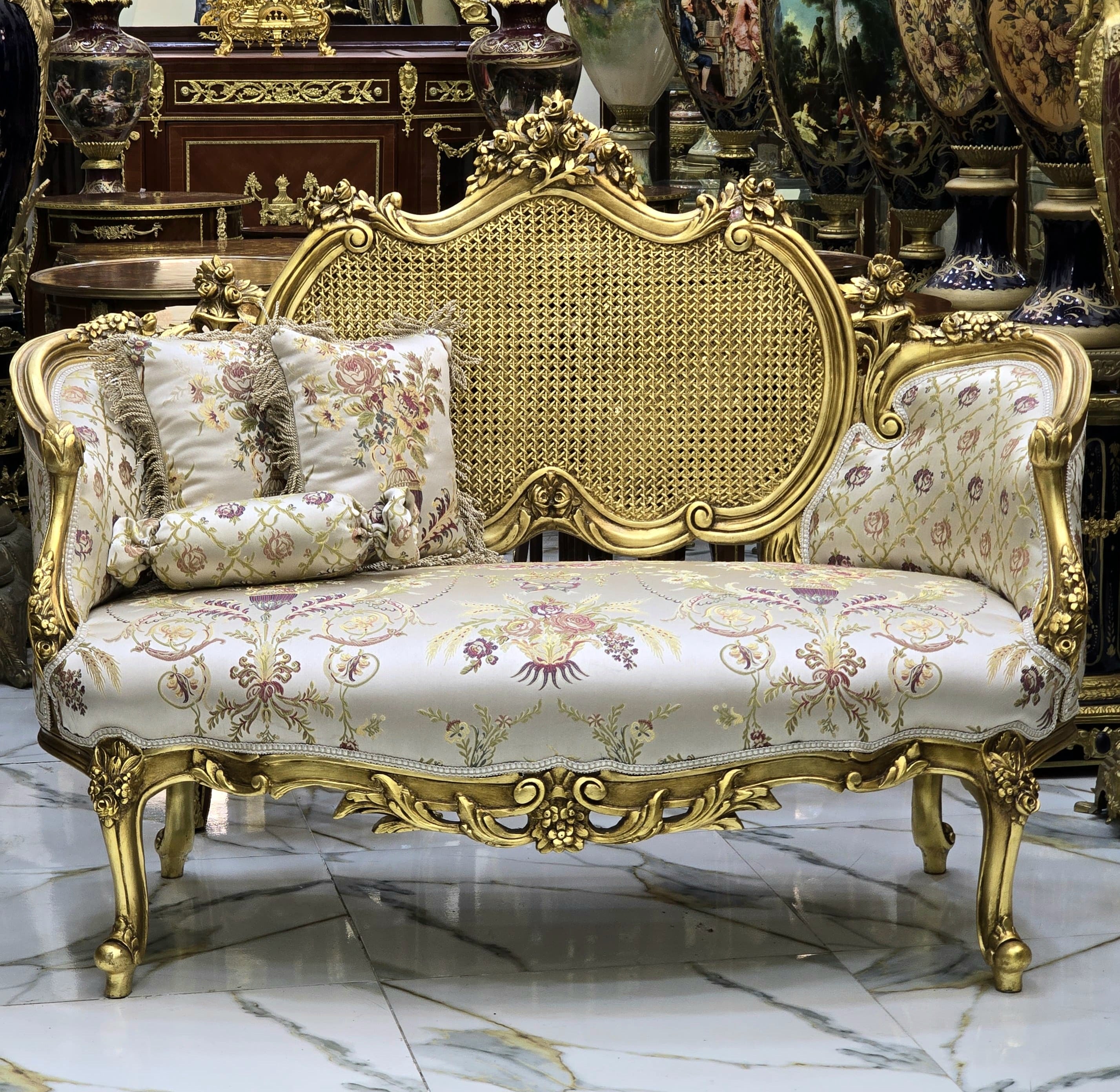 French Style Gold Leaf Settee Sofa – Beige & White Upholstery with Fully Gold Leaf Backrest