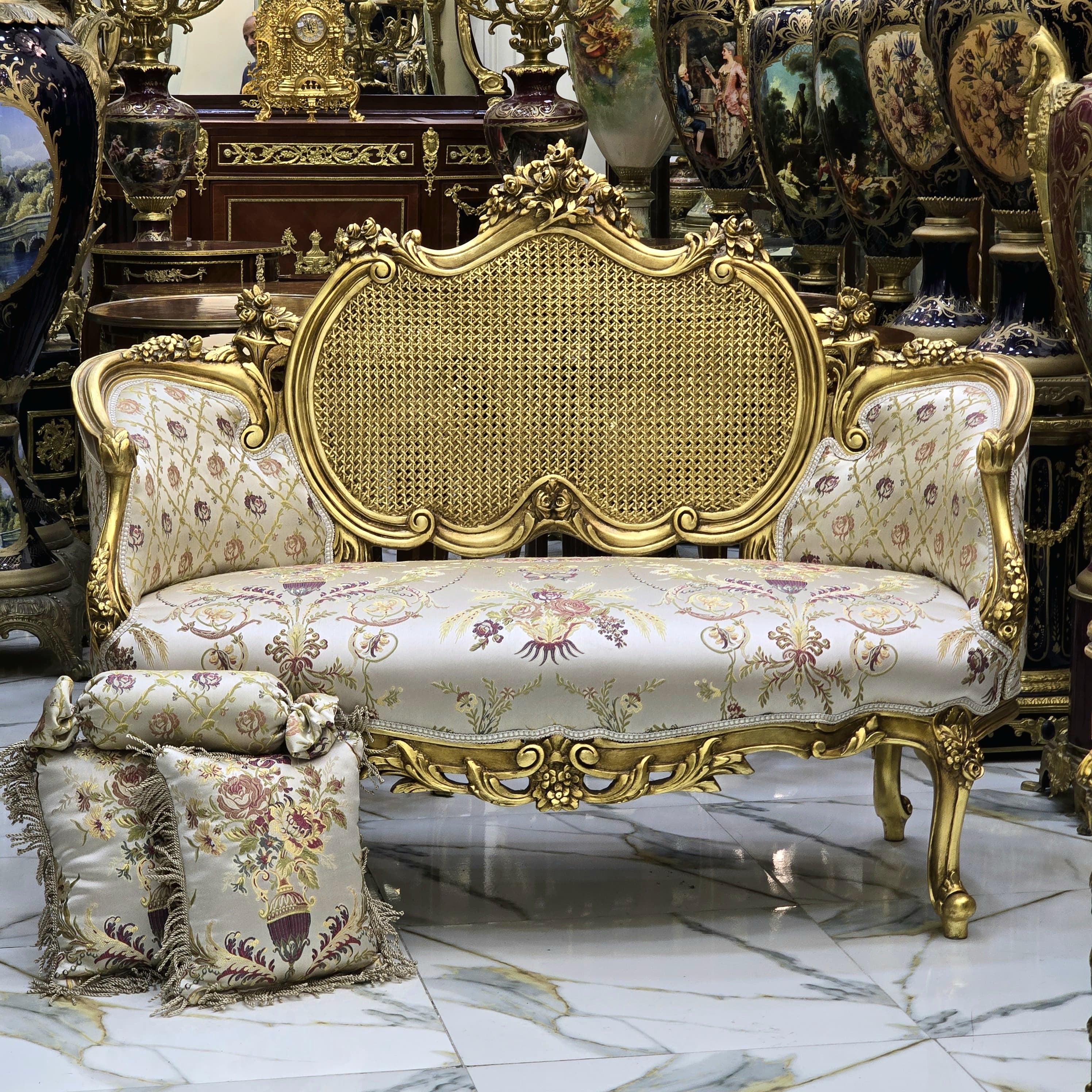 French Style Gold Leaf Settee Sofa – Beige & White Upholstery with Fully Gold Leaf Backrest