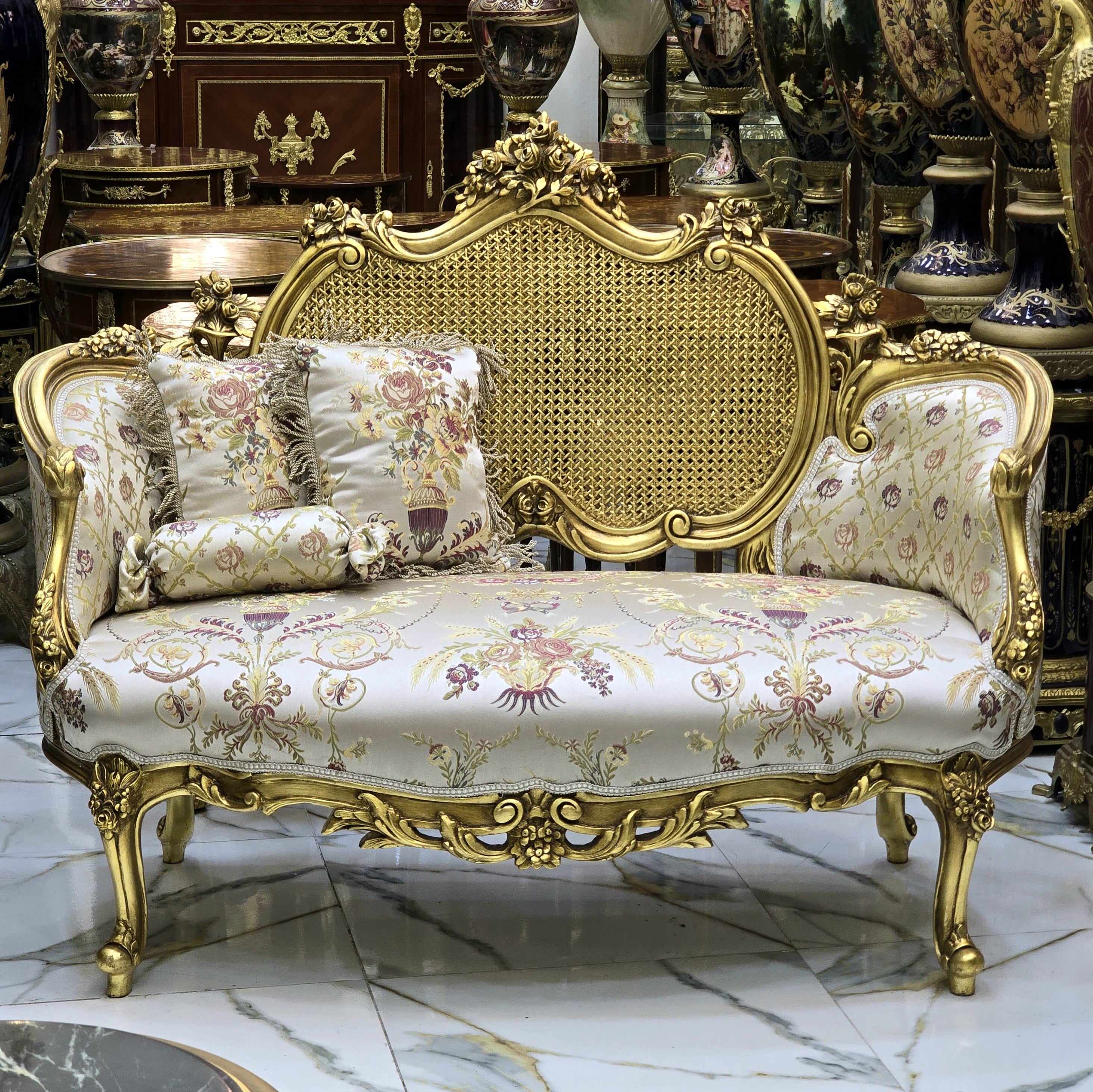 French Style Gold Leaf Settee Sofa – Beige & White Upholstery with Fully Gold Leaf Backrest
