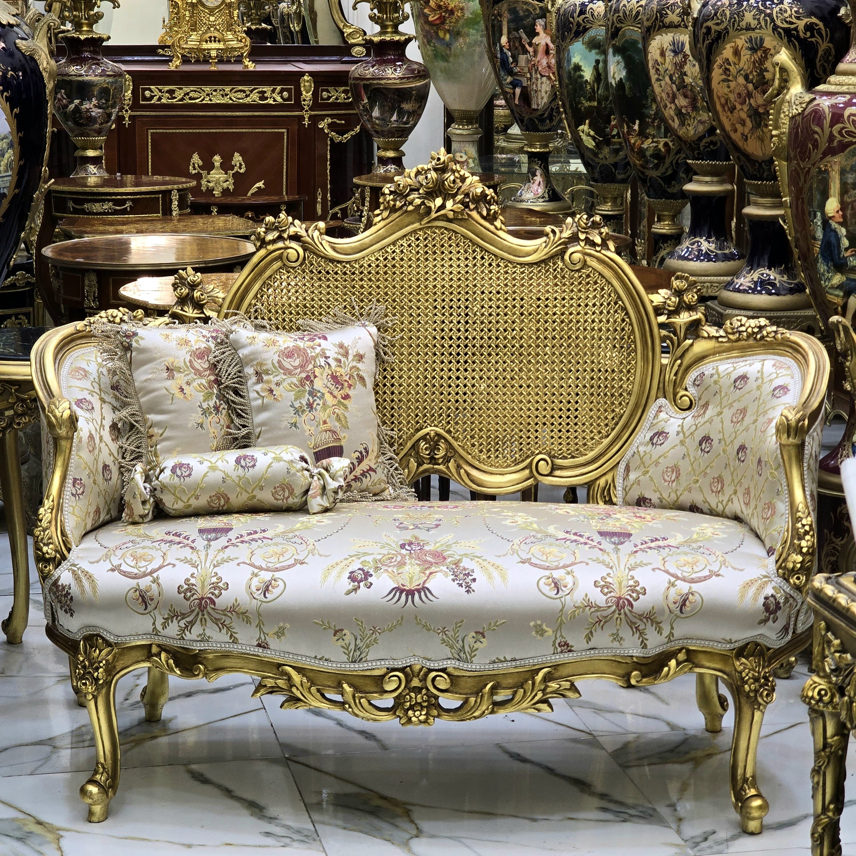French Style Gold Leaf Settee Sofa – Beige & White Upholstery with Fully Gold Leaf Backrest
