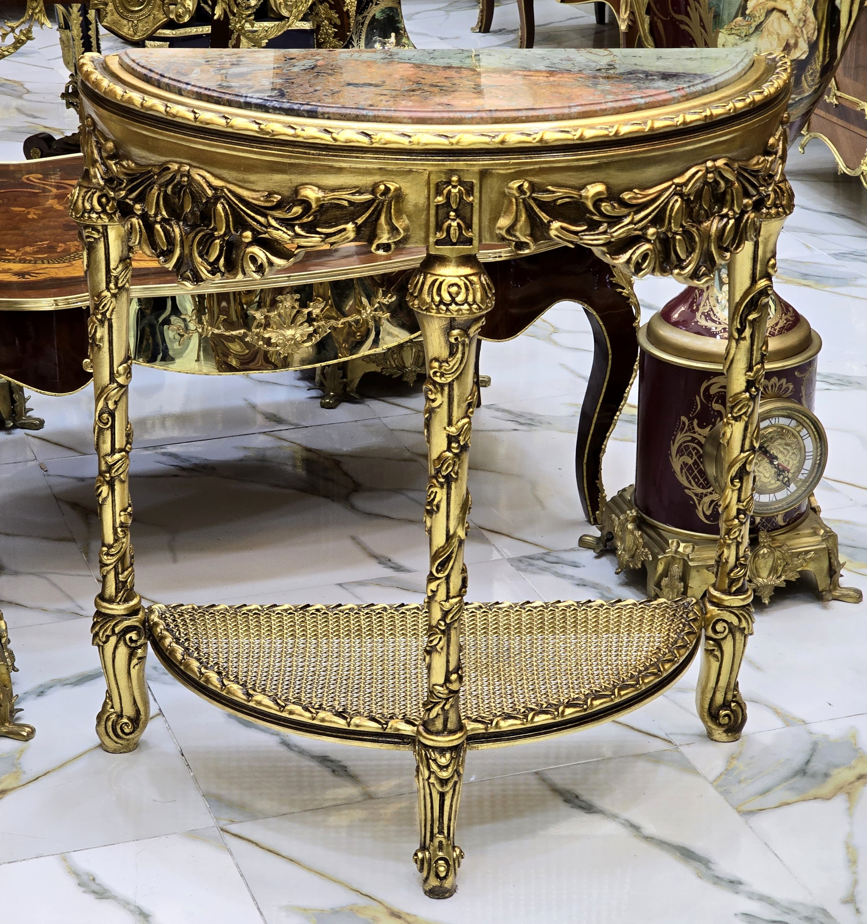 French Style Console Table – Marble Top, Gold Leaf Details, 35"H x 16"W x 31"L
